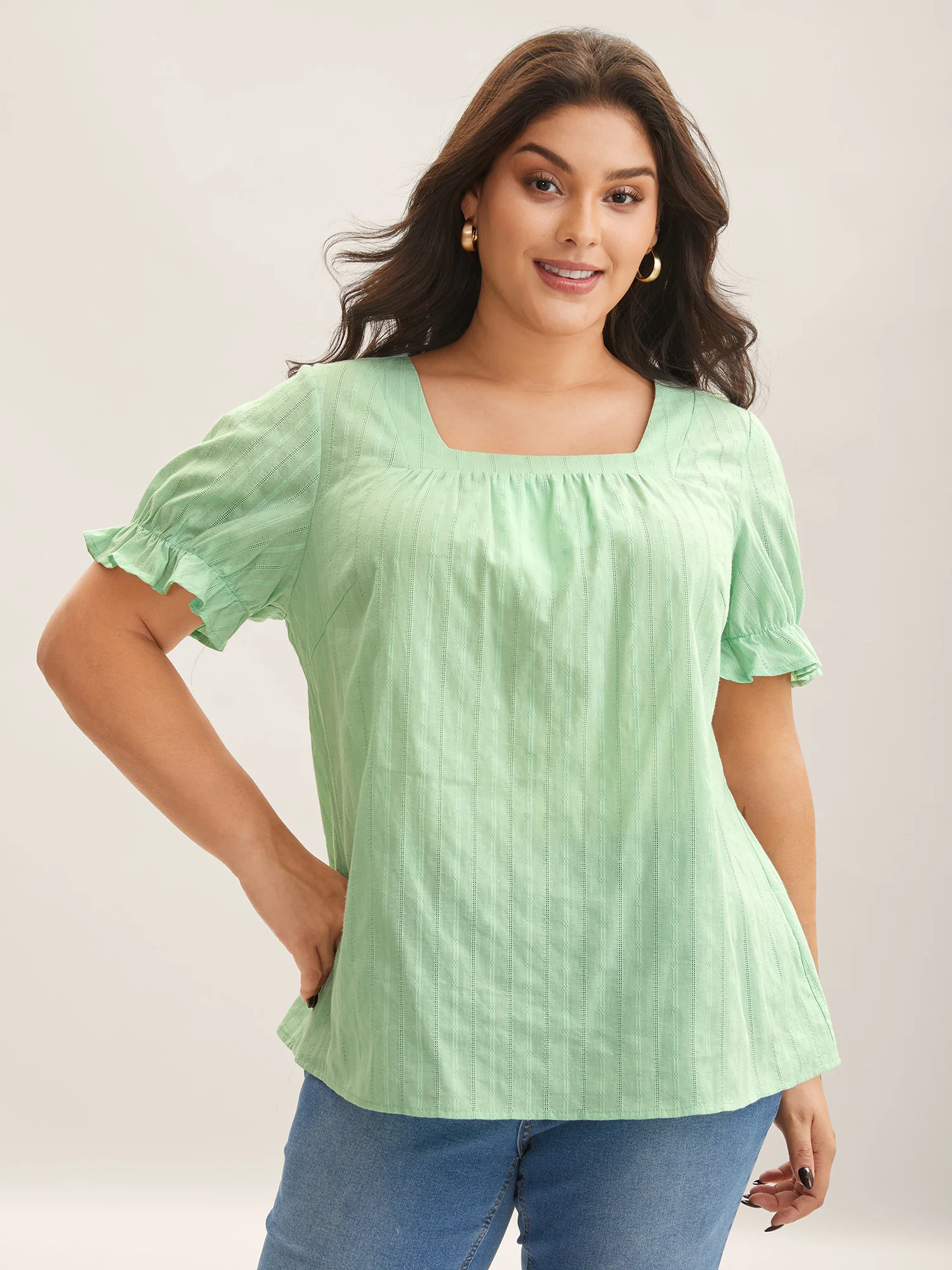 Cotton Square Neck Ruffled Sleeve Shirt - Image 32