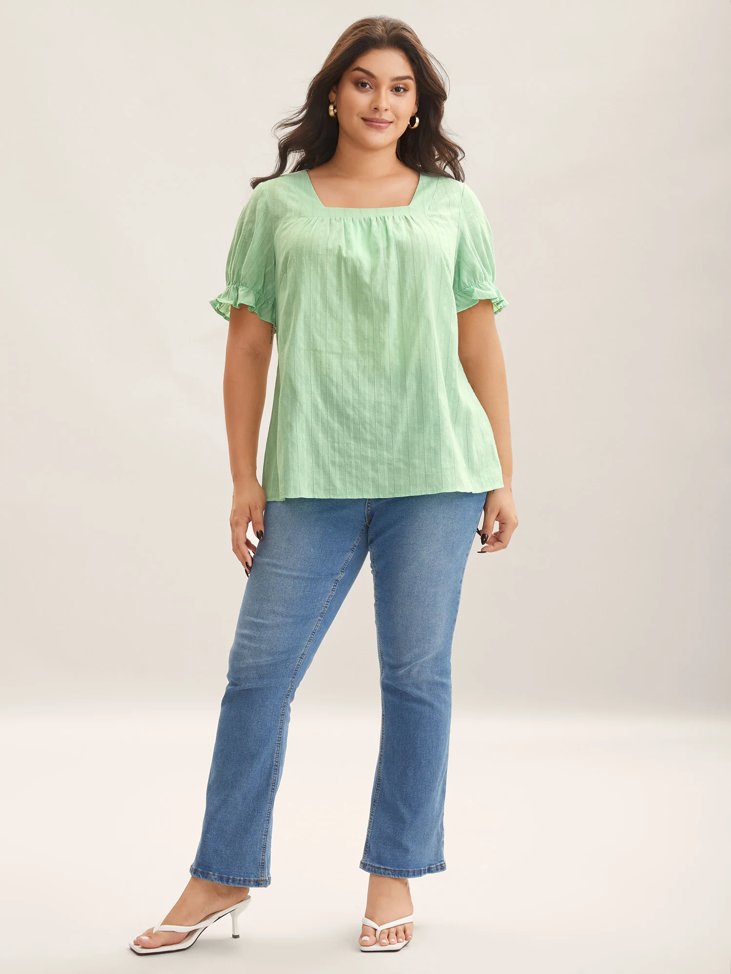 Cotton Square Neck Ruffled Sleeve Shirt - Image 33