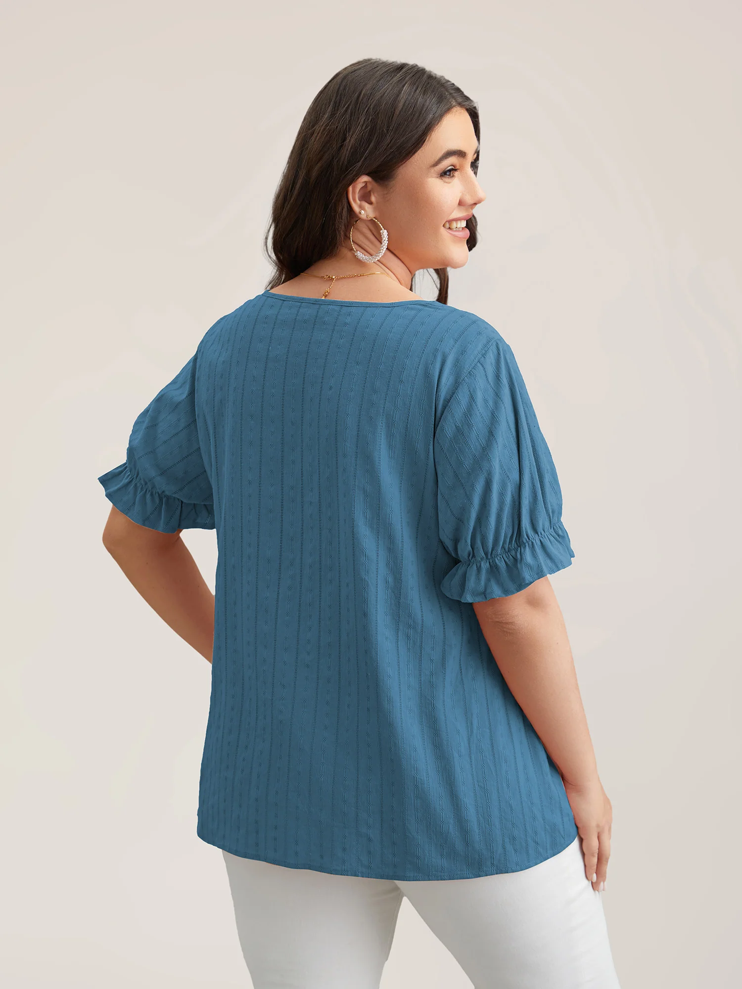 Cotton Square Neck Ruffled Sleeve Shirt - Image 4