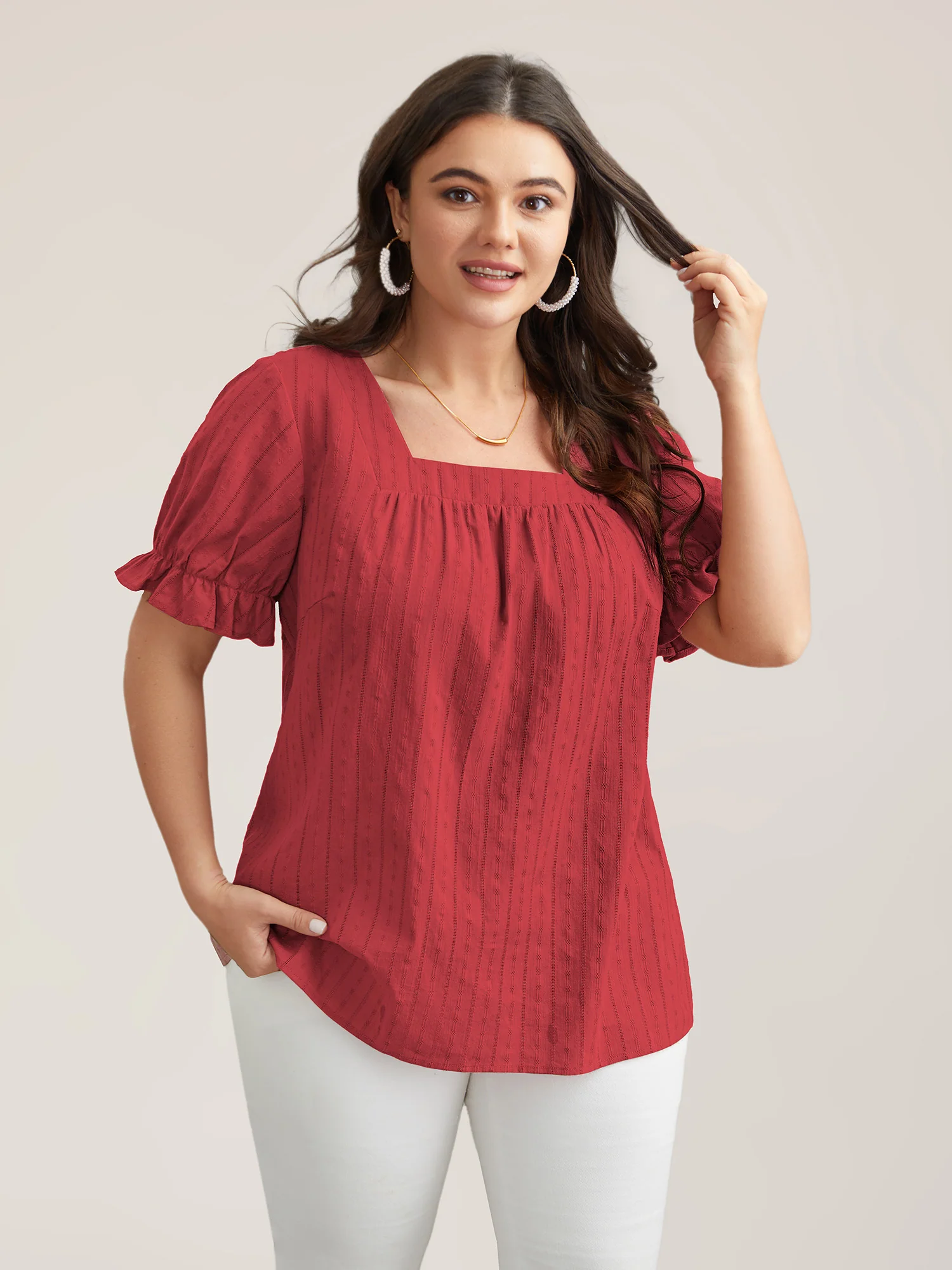 Cotton Square Neck Ruffled Sleeve Shirt - Image 5