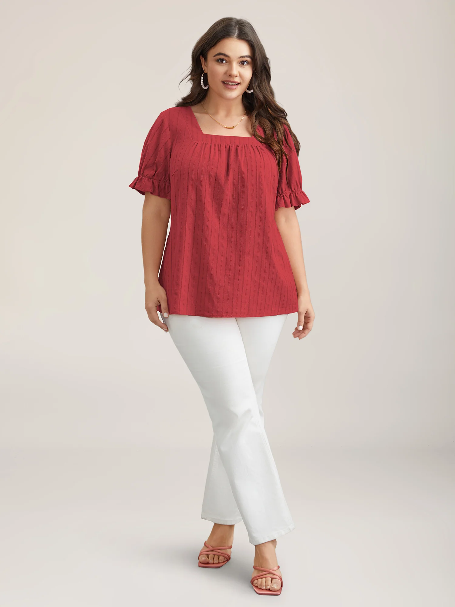 Cotton Square Neck Ruffled Sleeve Shirt - Image 6