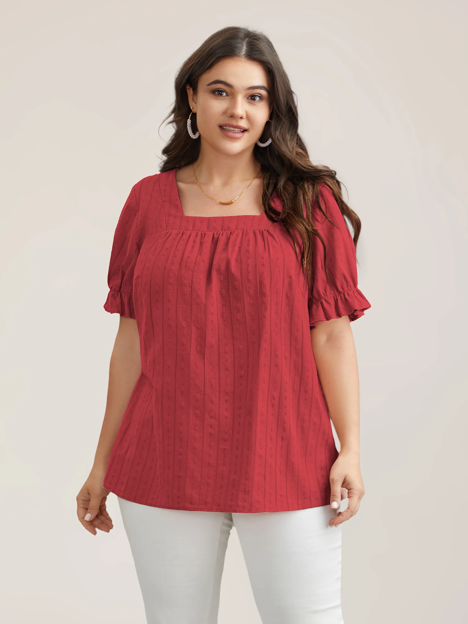 Cotton Square Neck Ruffled Sleeve Shirt - Image 7