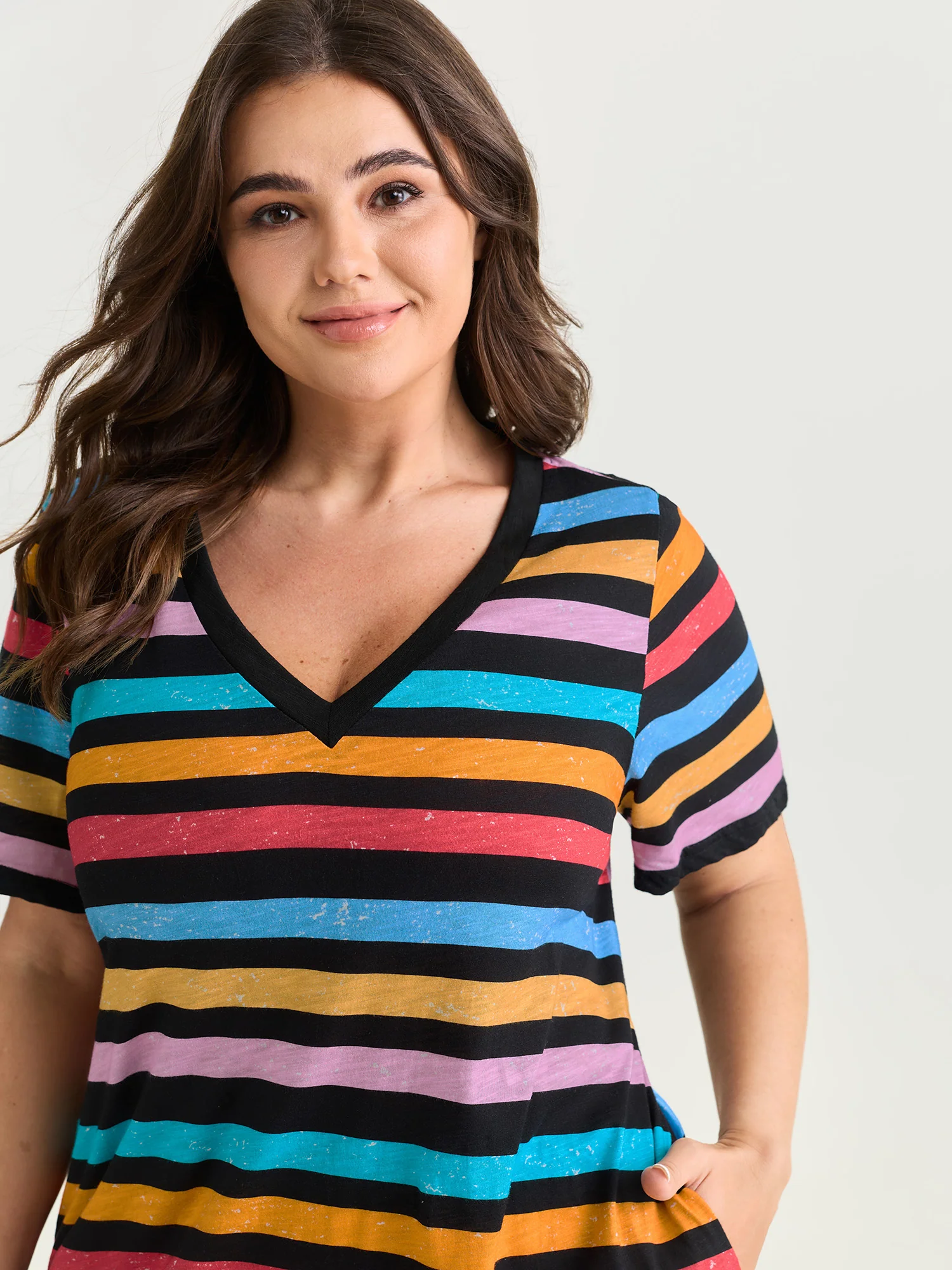 Cotton Stretchy Colorful Striped V-Neckline Midi Dress - Image 2