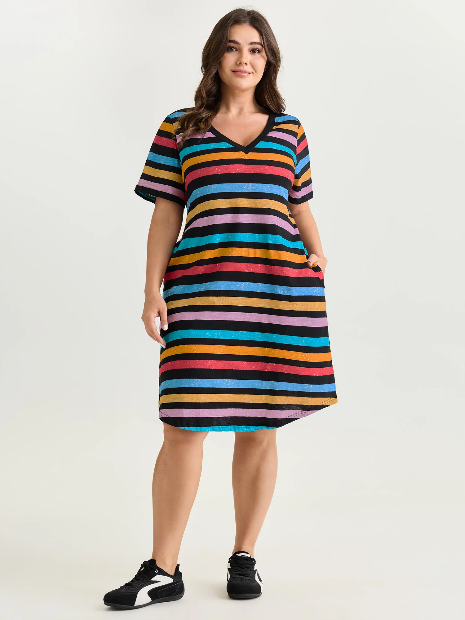 Cotton Stretchy Colorful Striped V-Neckline Midi Dress - Image 3