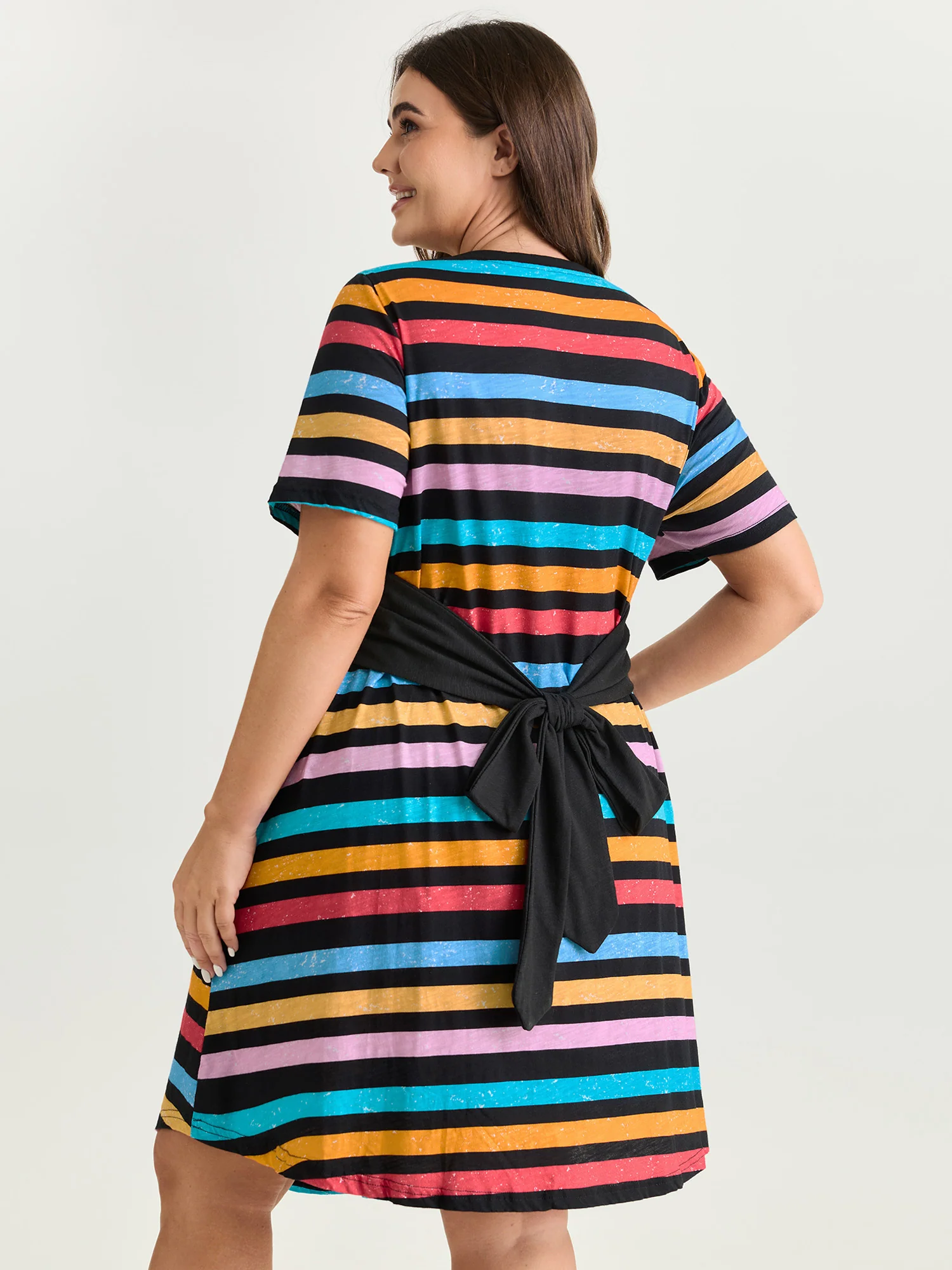 Cotton Stretchy Colorful Striped V-Neckline Midi Dress - Image 6