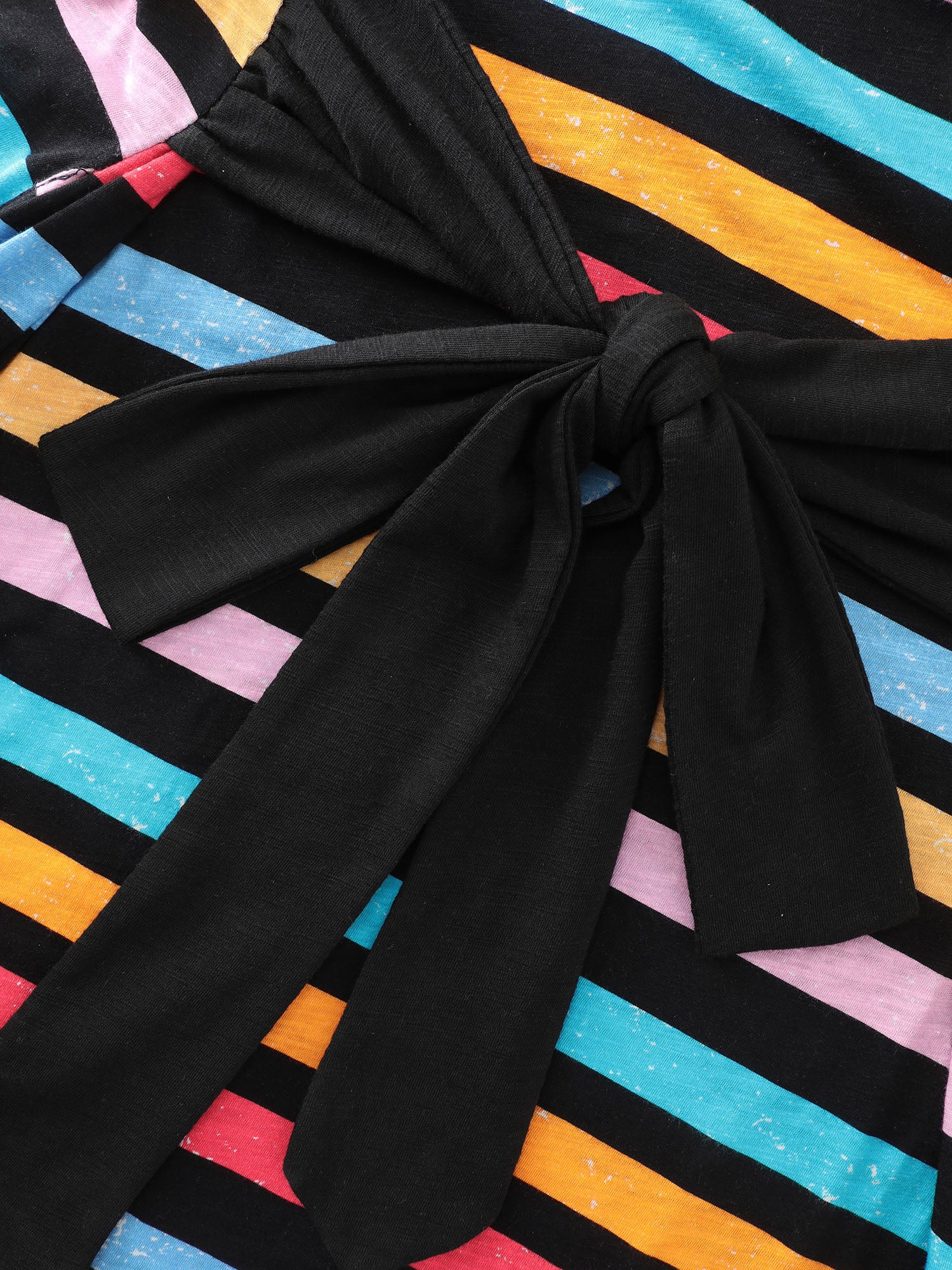 Cotton Stretchy Colorful Striped V-Neckline Midi Dress - Image 7