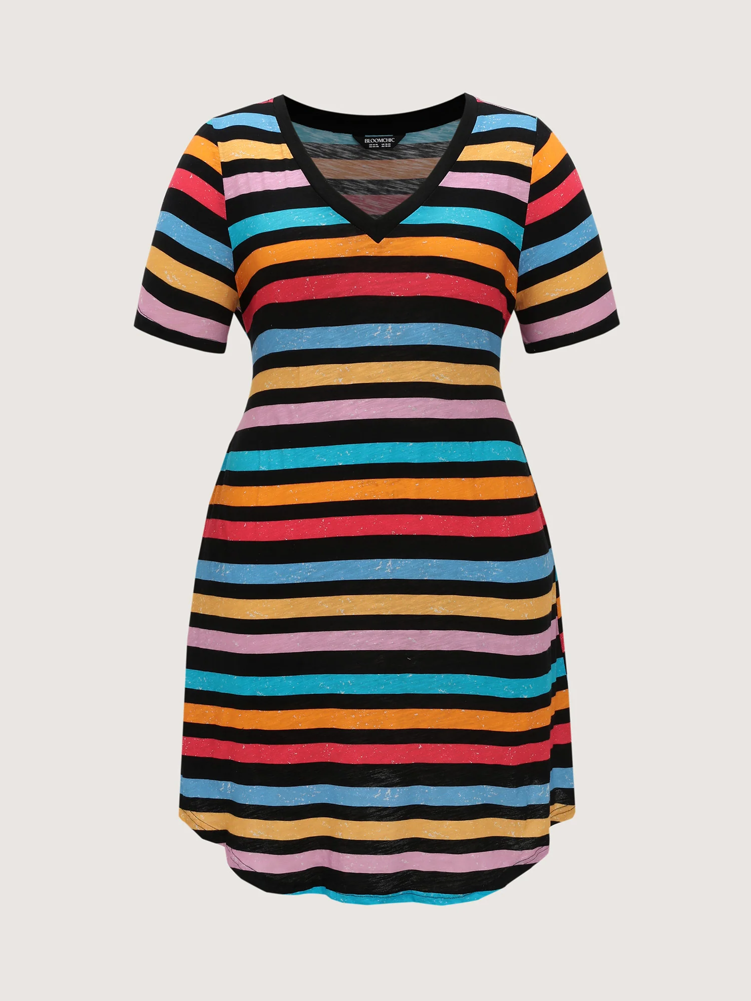 Cotton Stretchy Colorful Striped V-Neckline Midi Dress - Image 9