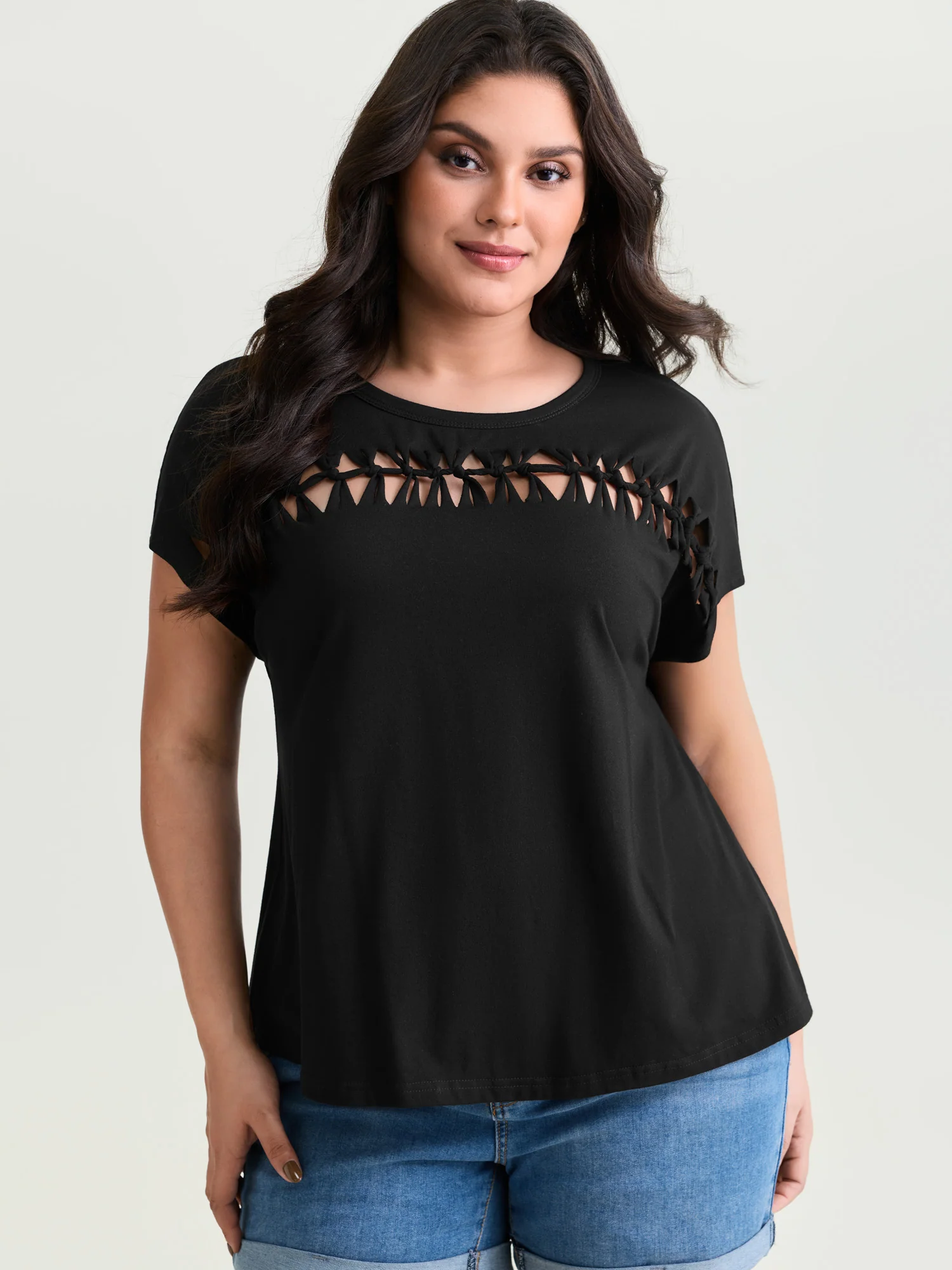 Cotton Stretchy Cut-Out Neckline Layered T-Shirt - Image 2