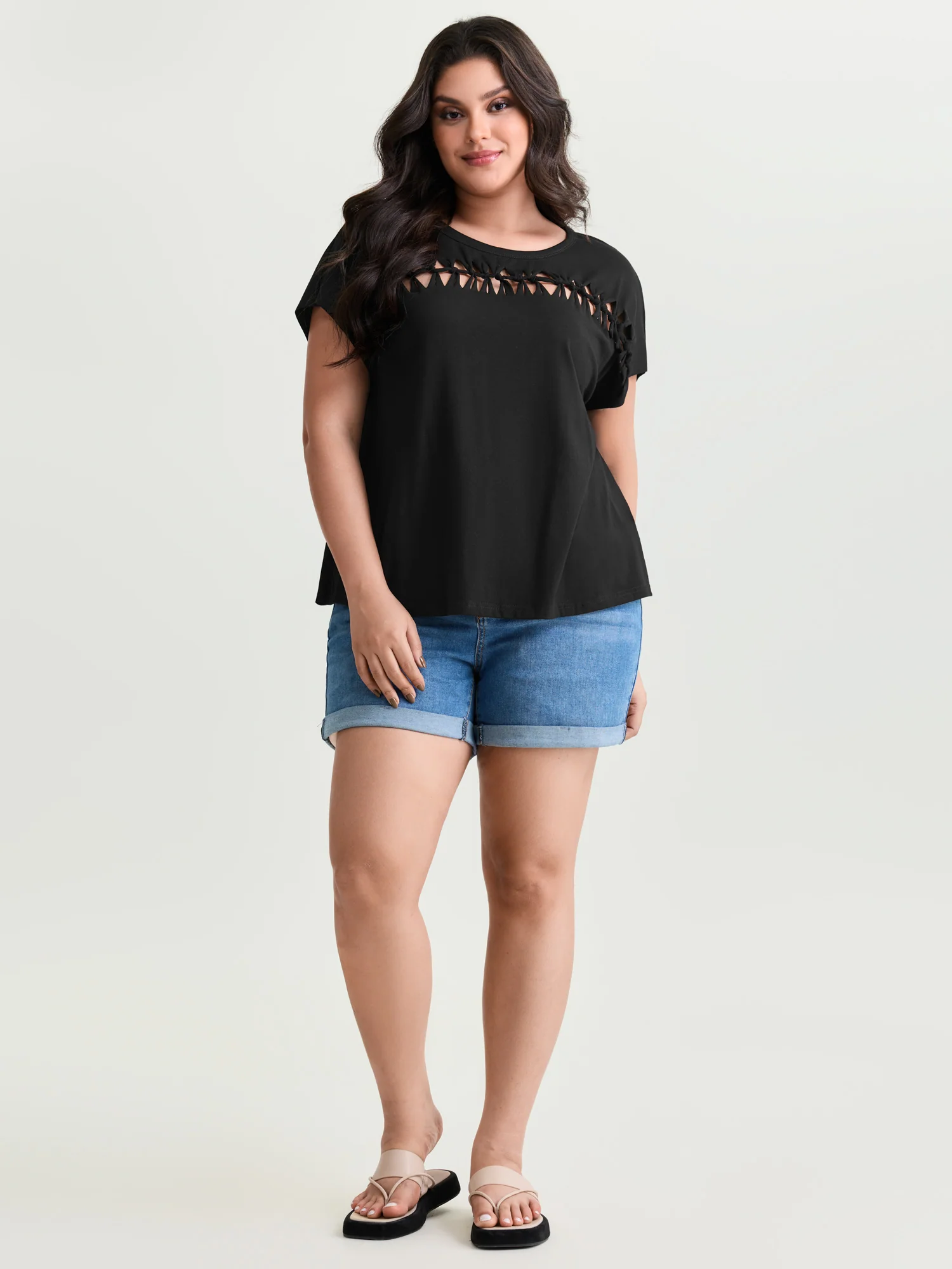 Cotton Stretchy Cut-Out Neckline Layered T-Shirt - Image 3