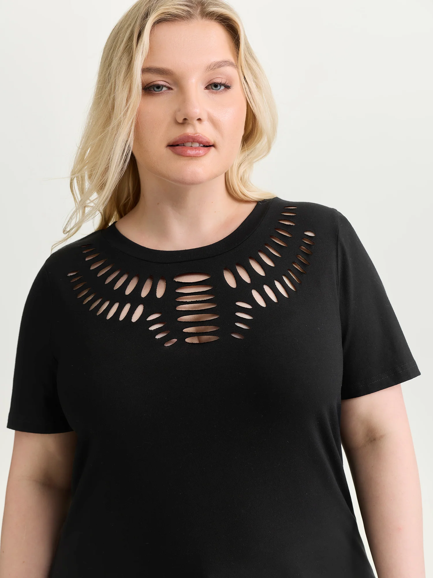 Cotton Stretchy Cut-Out Neckline Plain T-Shirt