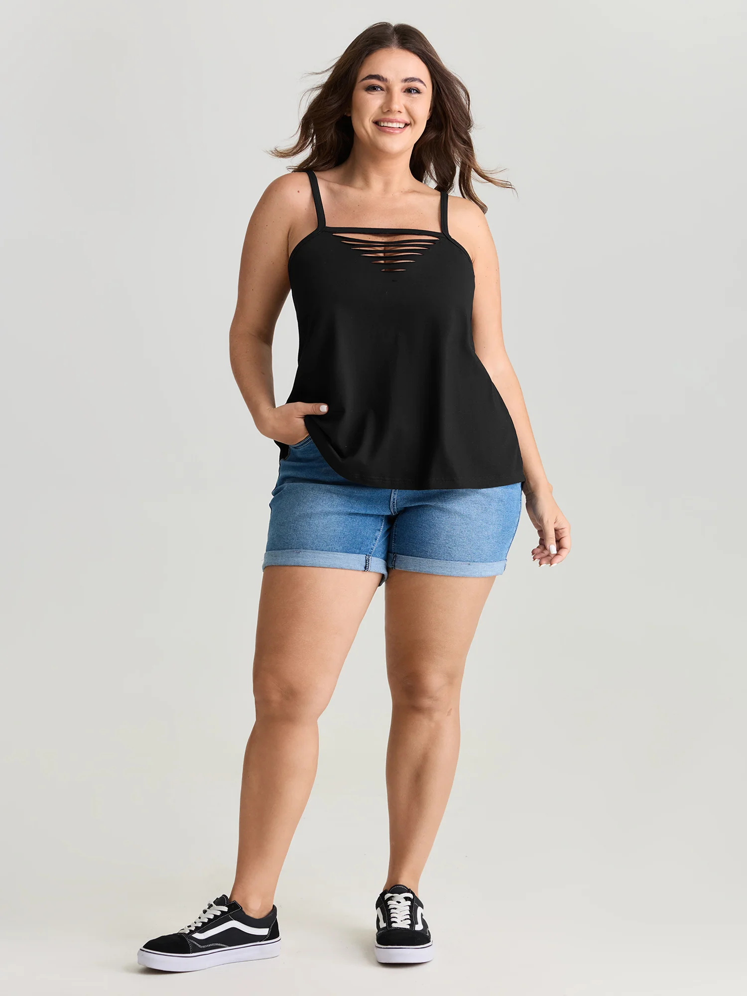 Cotton Stretchy Cut-Out Neckline Tank Top - Image 3