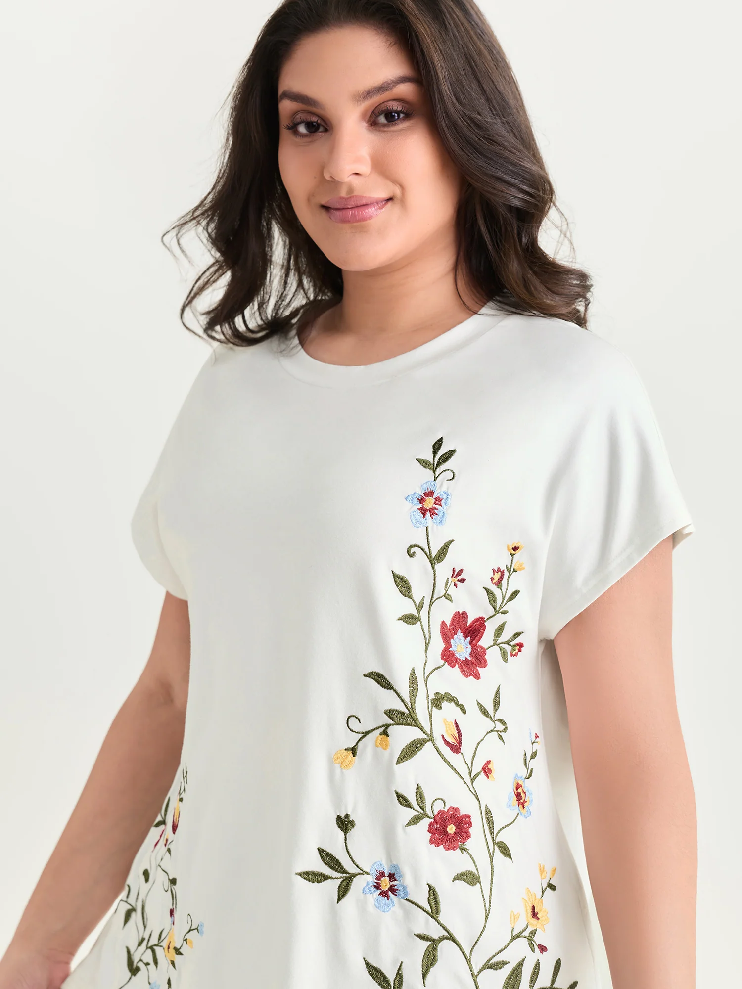 Cotton Stretchy Floral Embroidered Plain T-Shirt - Image 2