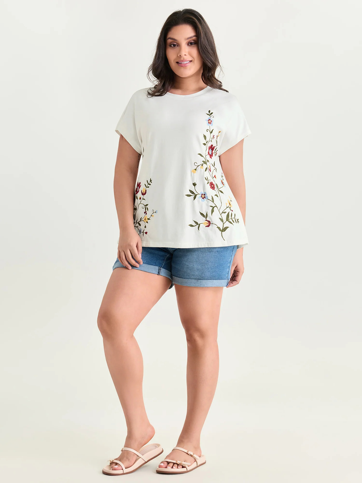 Cotton Stretchy Floral Embroidered Plain T-Shirt - Image 3