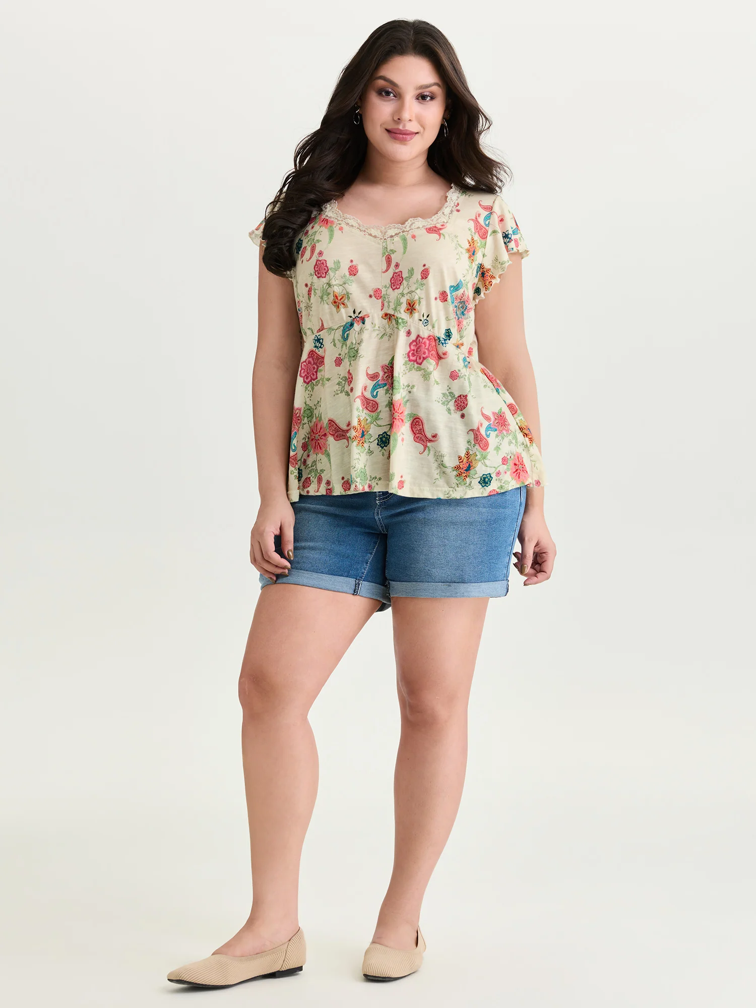 Cotton Stretchy Floral Paisley Print Knit Top - Image 3