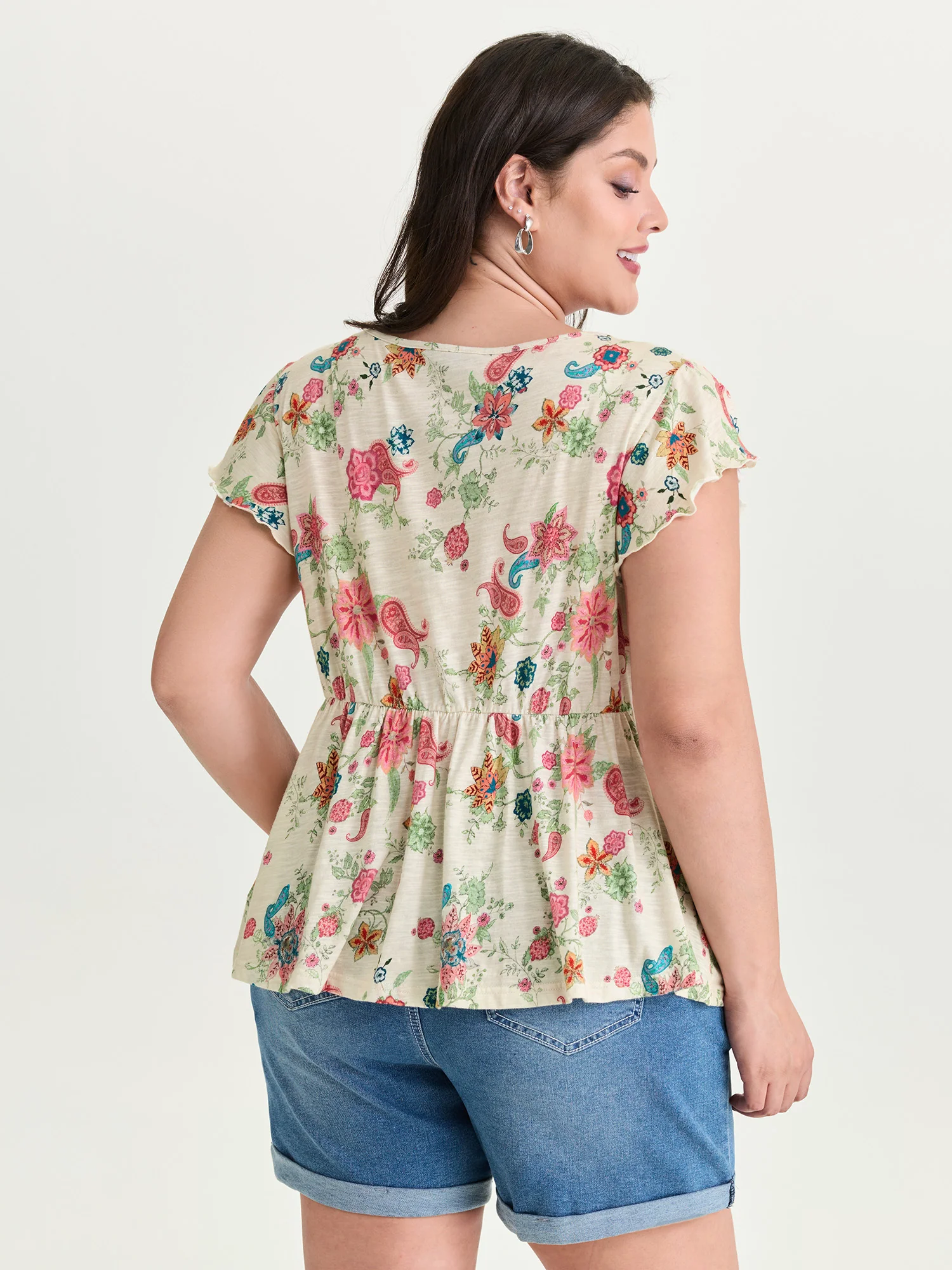 Cotton Stretchy Floral Paisley Print Knit Top - Image 4