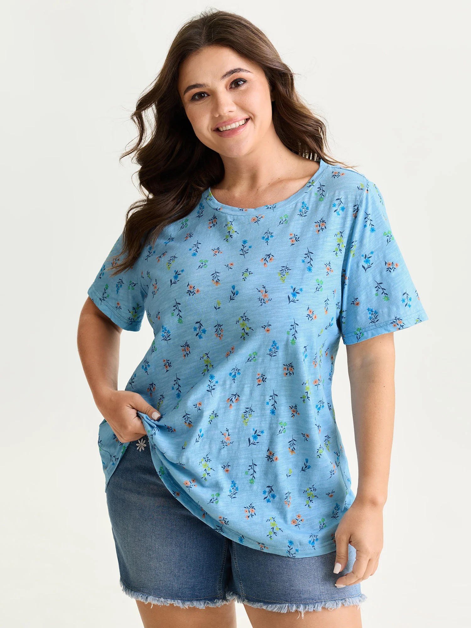 Cotton Stretchy Floral Print Long T-Shirt - Image 2
