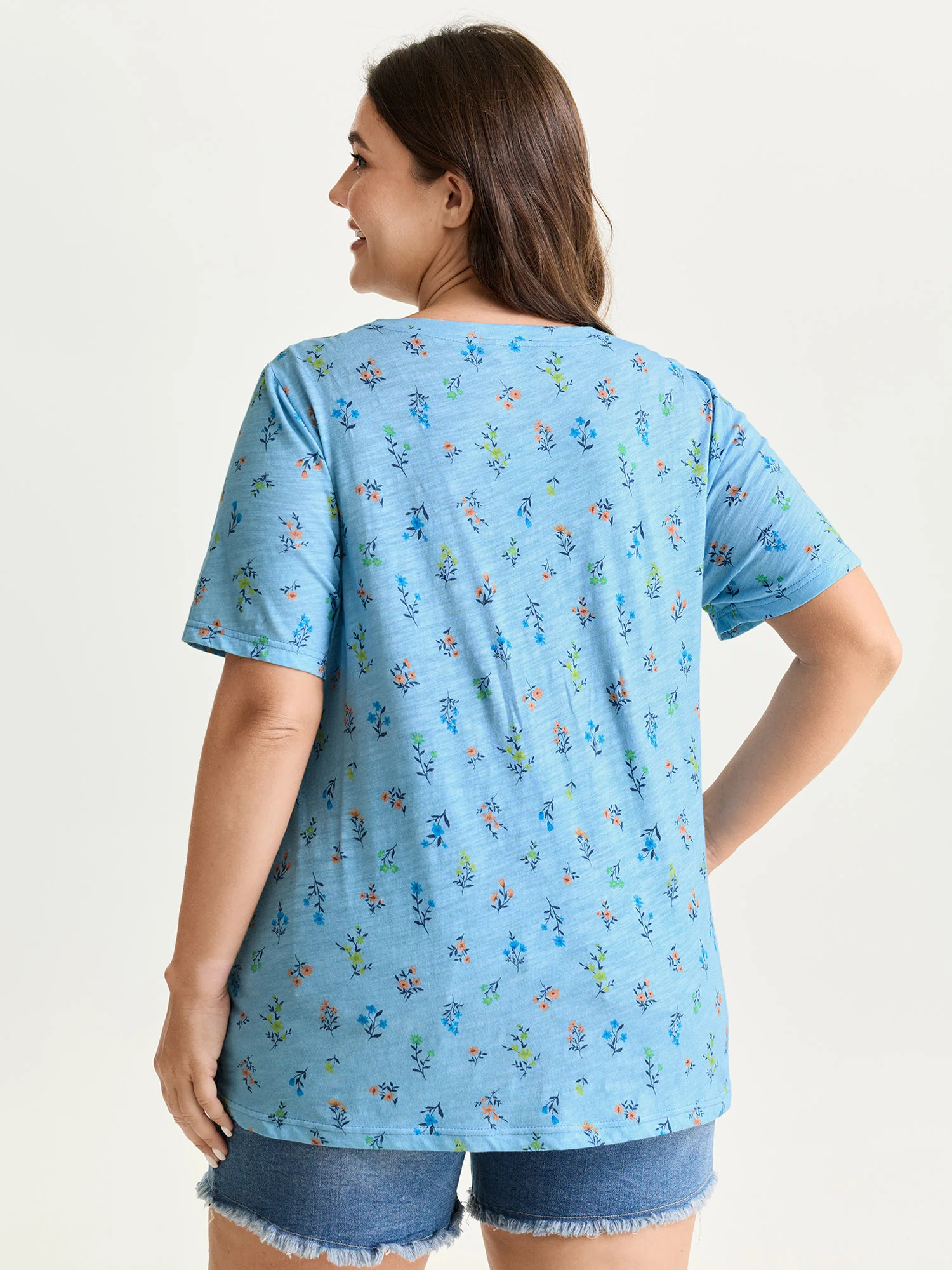 Cotton Stretchy Floral Print Long T-Shirt - Image 5