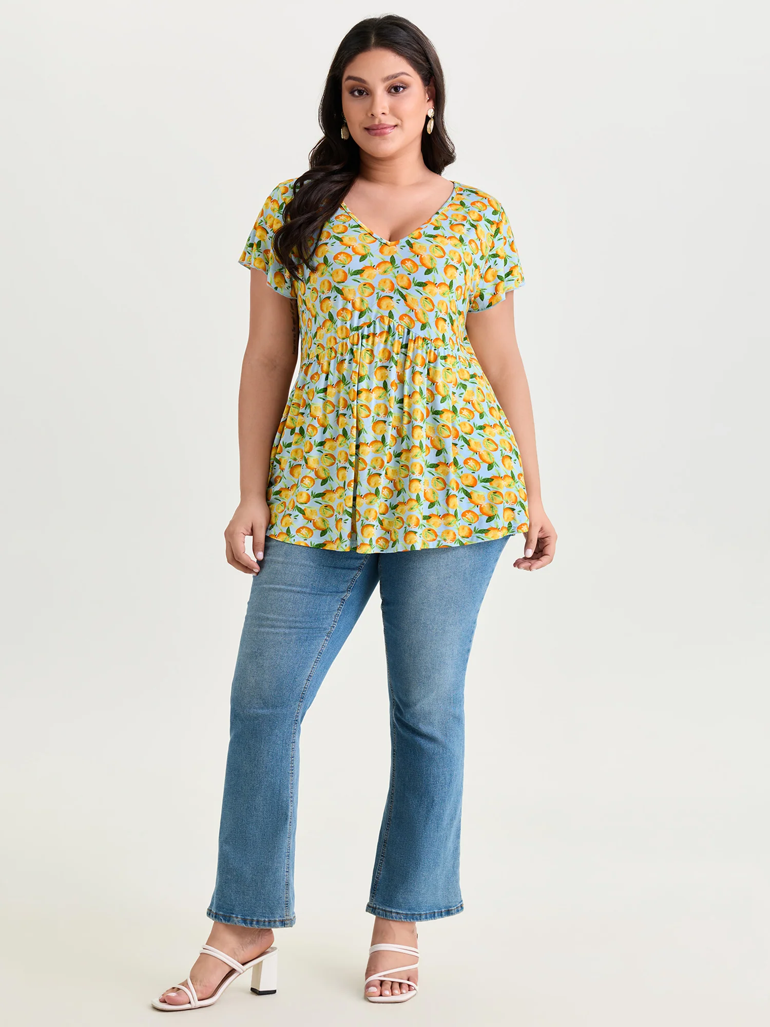 Cotton Stretchy Floral Print V-Neckline Knit Top - Image 3