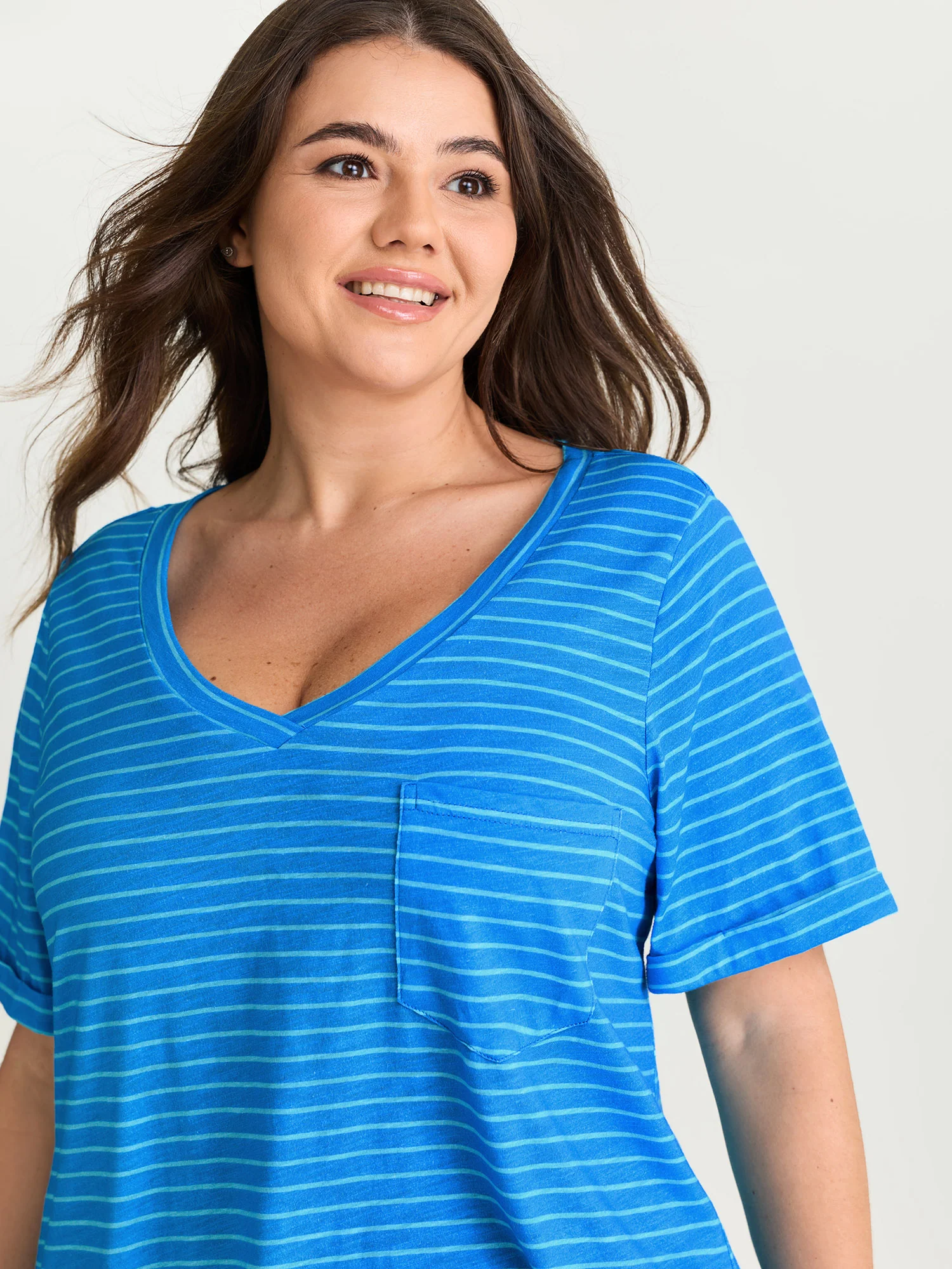 Cotton Stretchy Striped Print V-Neck T-Shirt - Image 2