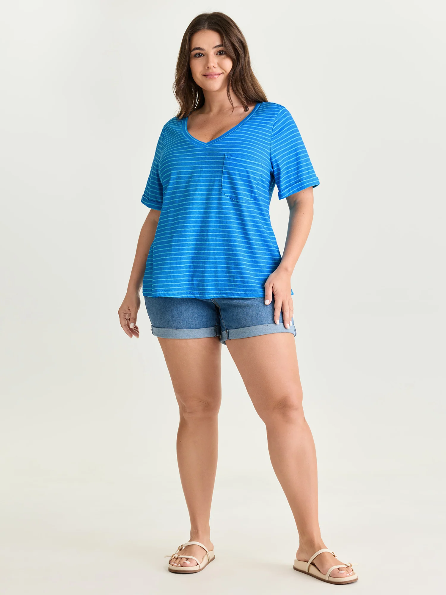Cotton Stretchy Striped Print V-Neck T-Shirt - Image 3
