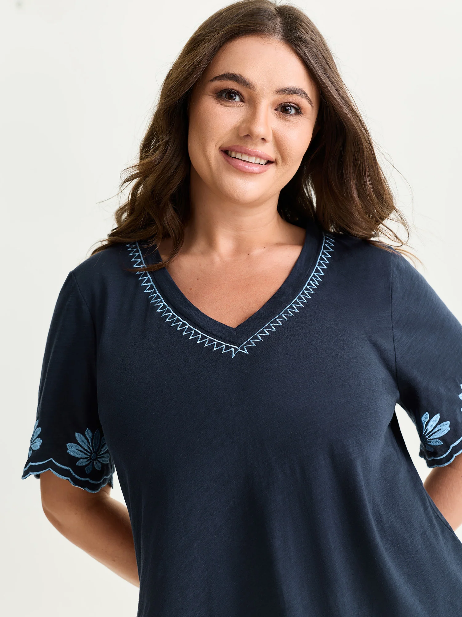 Cotton Stretchy V-Neck Floral Print T-Shirt - Image 2