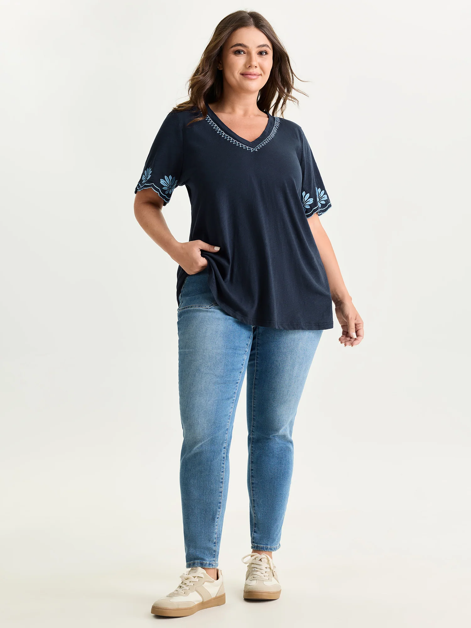 Cotton Stretchy V-Neck Floral Print T-Shirt - Image 3