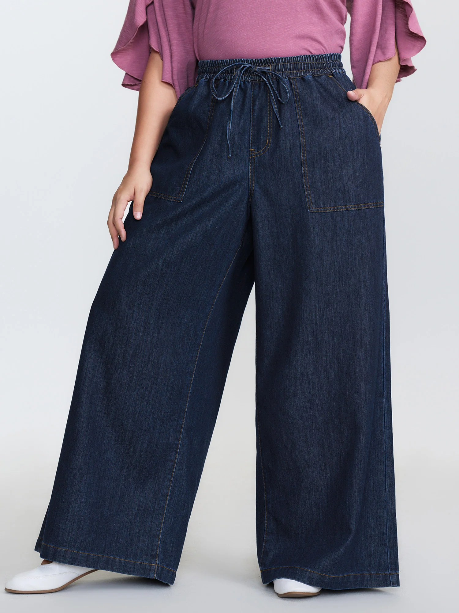 Cotton Stretchy Waist Drawstring Wide-Leg Jeans