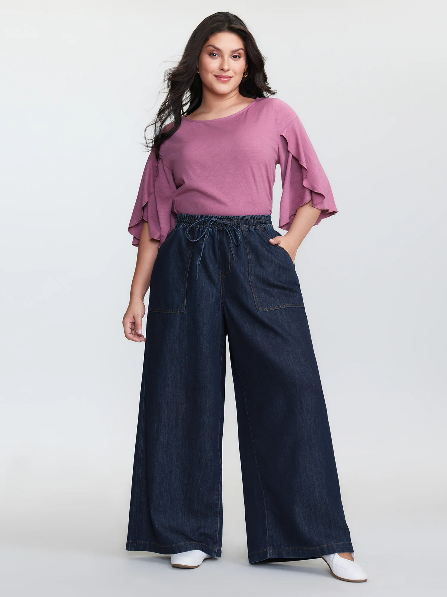 Cotton Stretchy Waist Drawstring Wide-Leg Jeans - Image 2