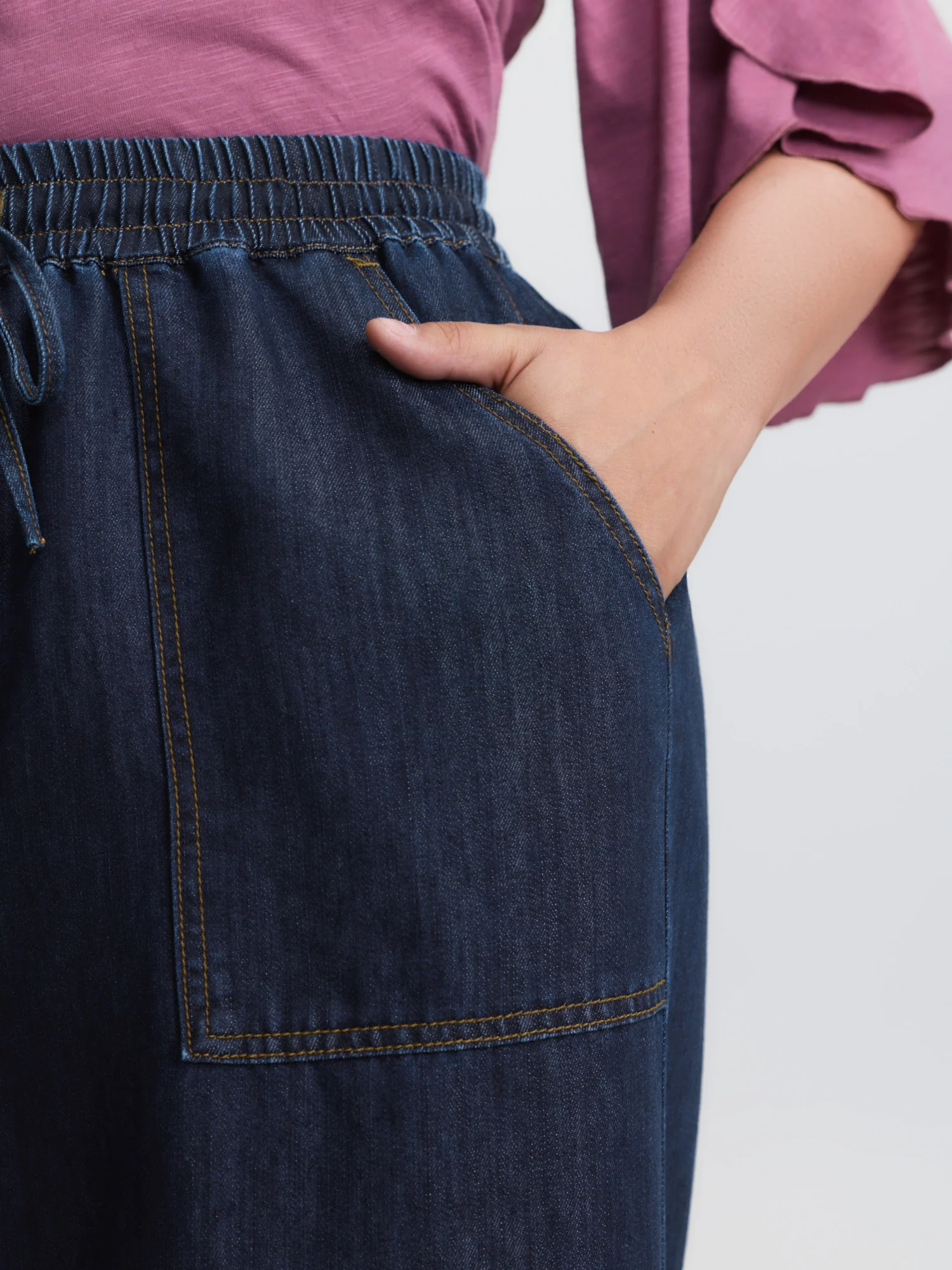 Cotton Stretchy Waist Drawstring Wide-Leg Jeans - Image 3