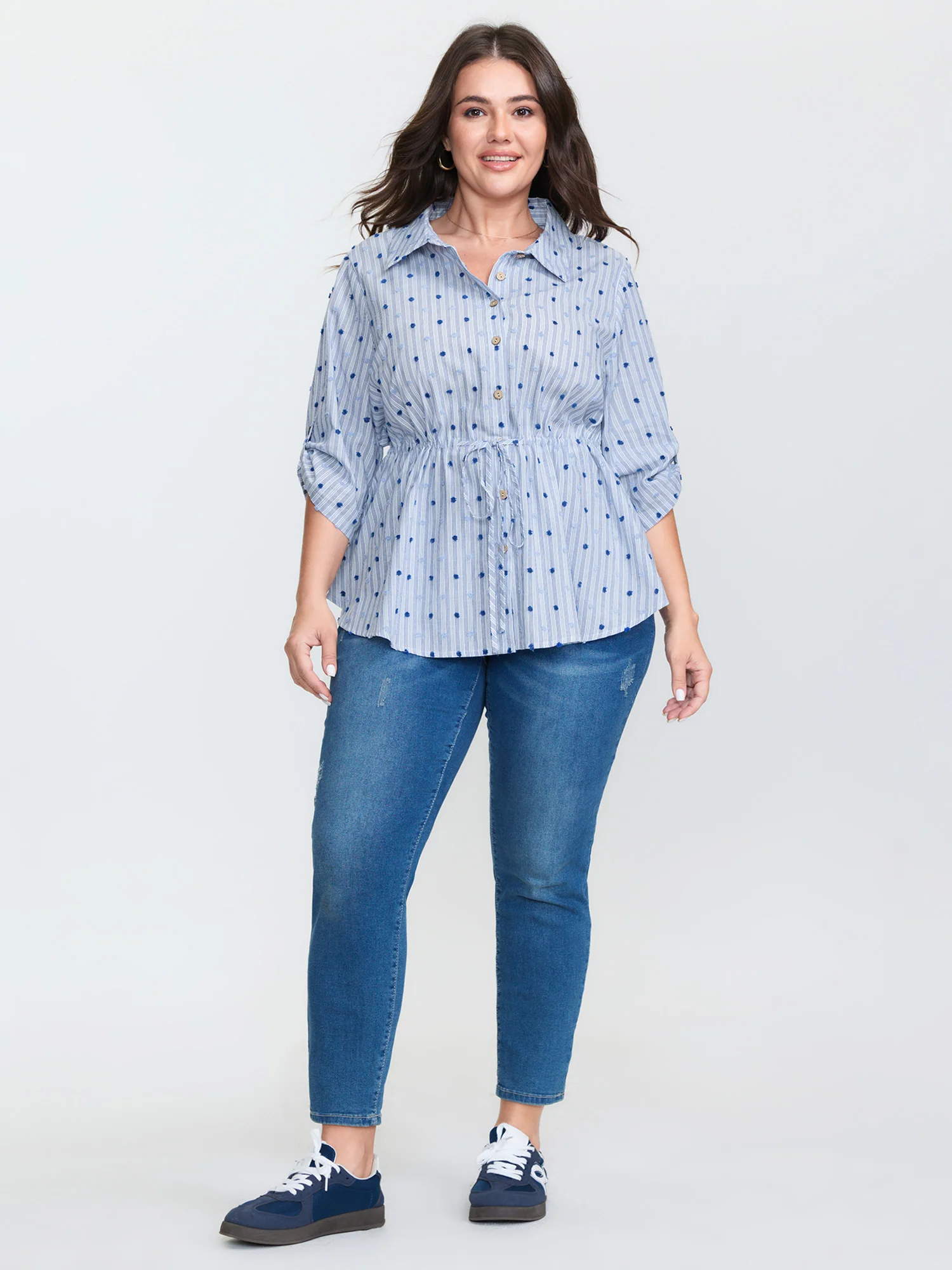Cotton Striped Drawstring Waist Button-Down Shirt - Image 2