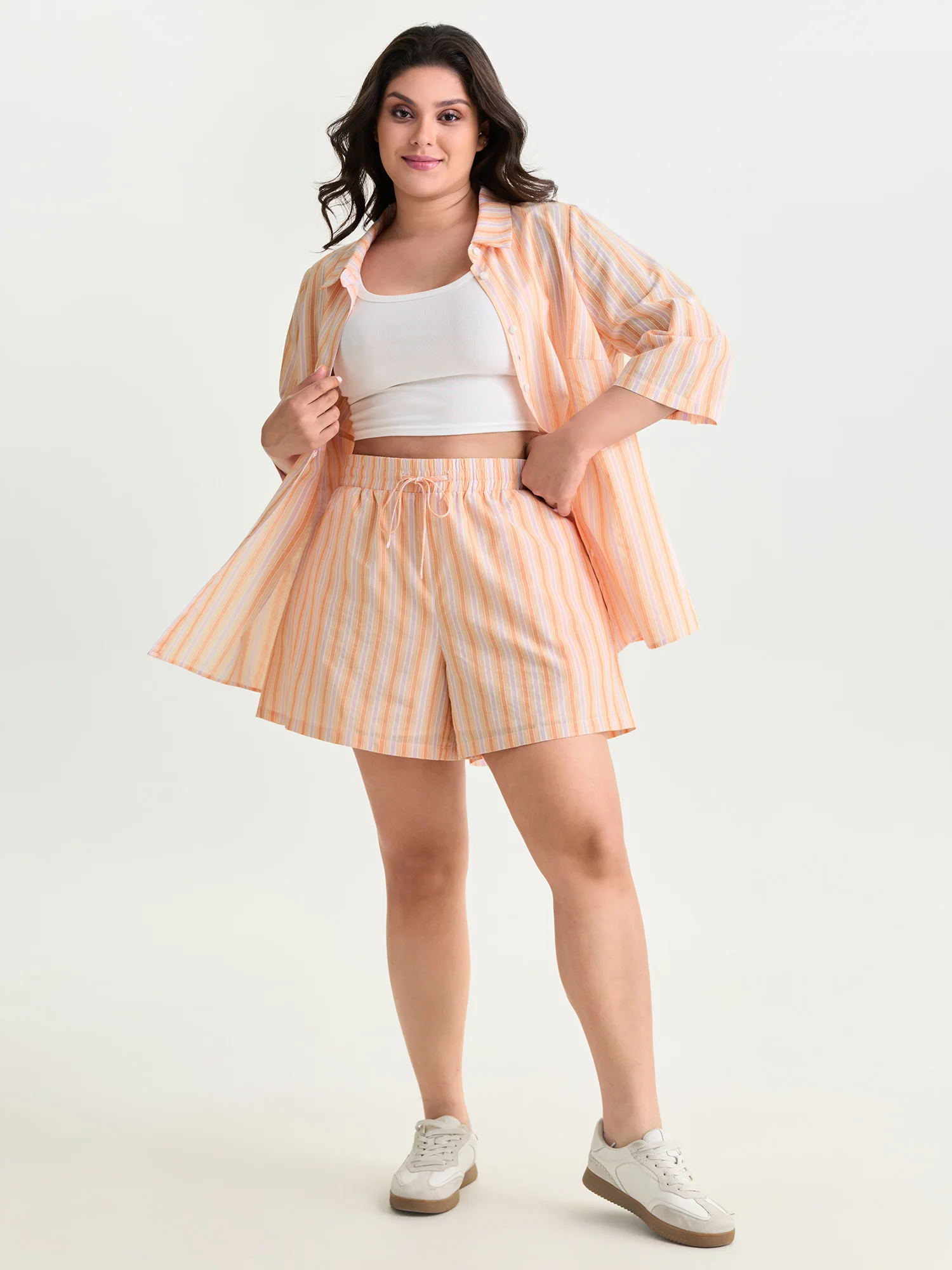 Cotton Striped Elastic Waist Drawstring Shorts