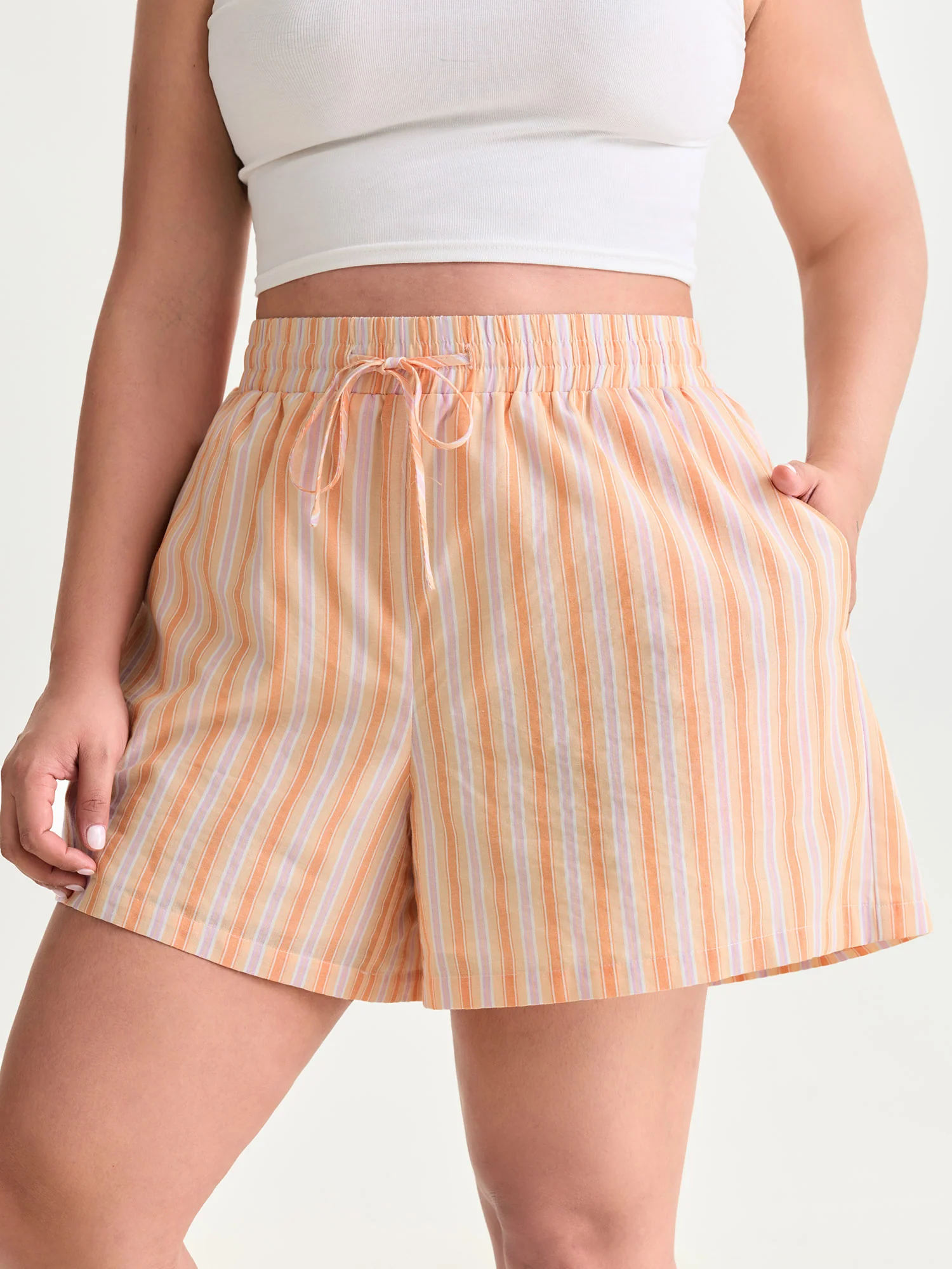 Cotton Striped Elastic Waist Drawstring Shorts - Image 2