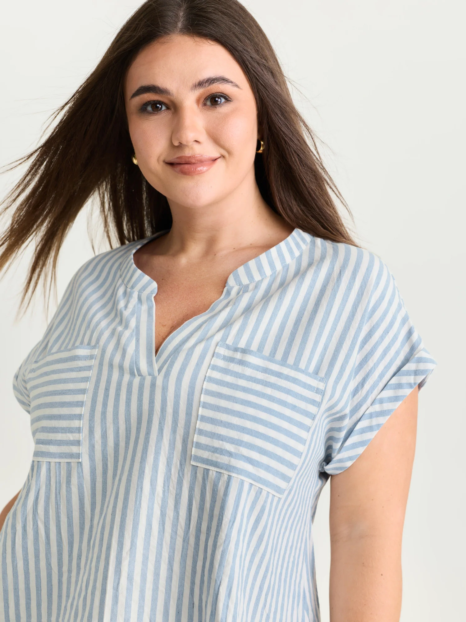 Cotton Striped Print Pockets Curvy Fit Blouse - Image 2