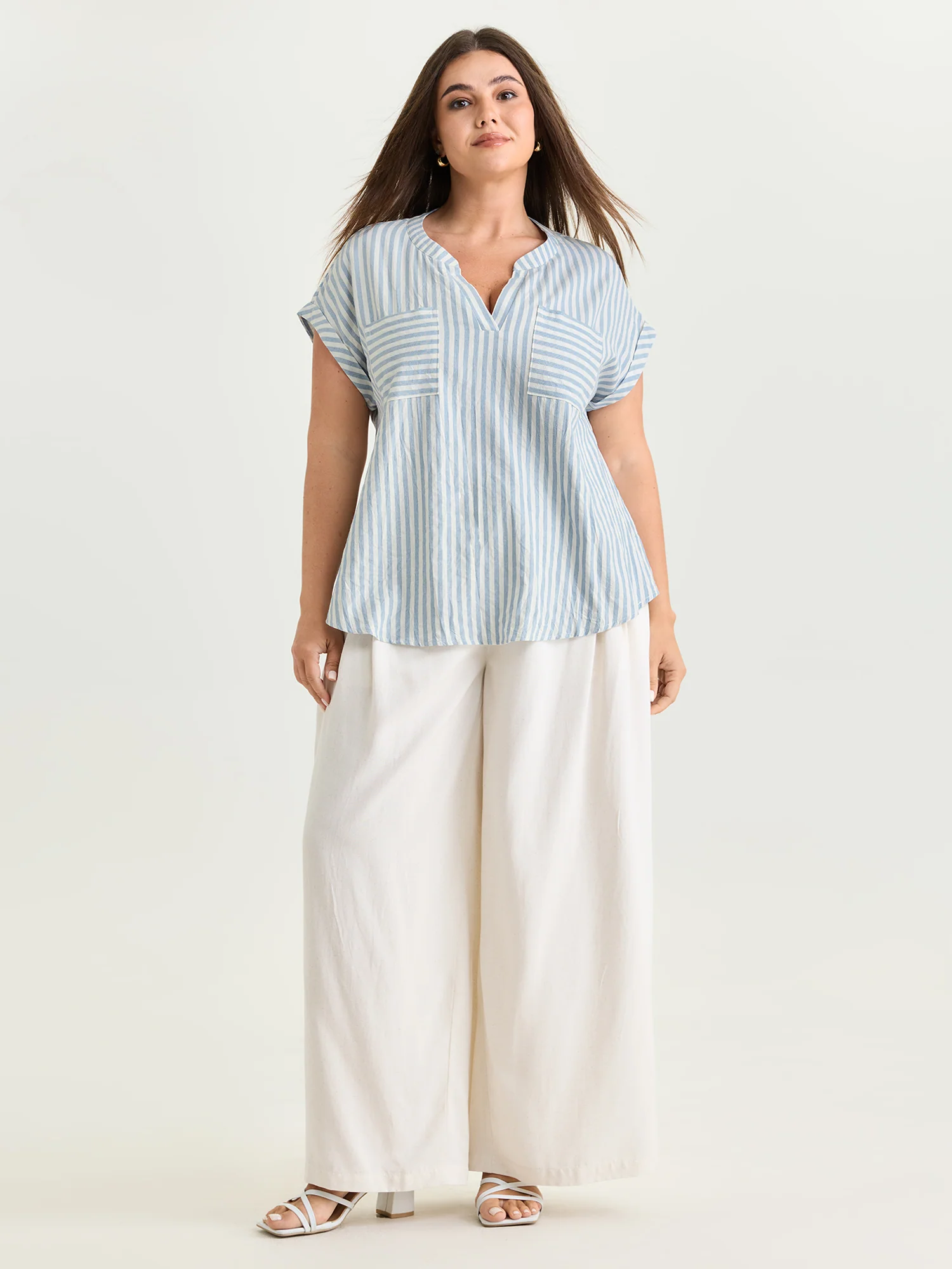 Cotton Striped Print Pockets Curvy Fit Blouse - Image 3