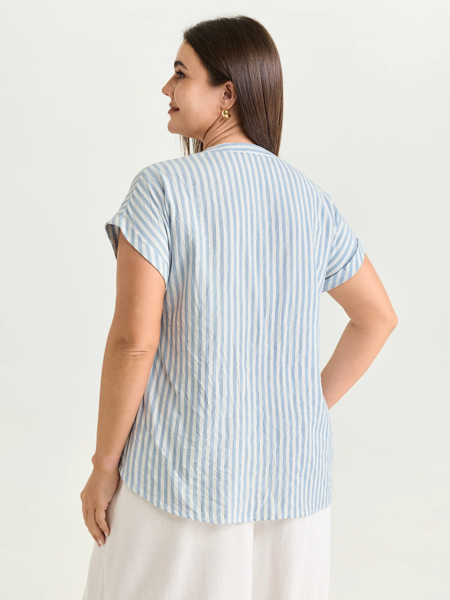 Cotton Striped Print Pockets Curvy Fit Blouse - Image 4
