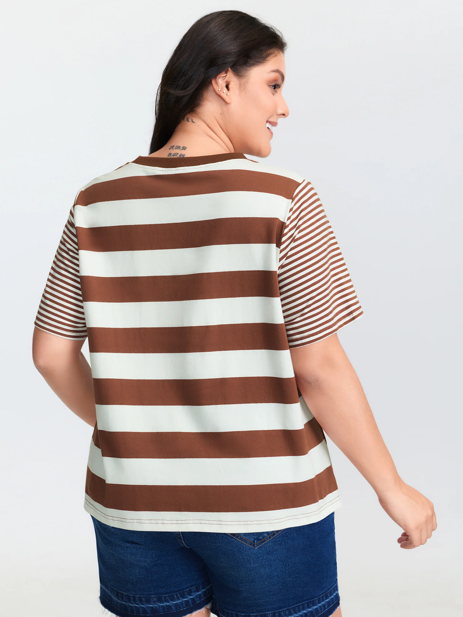 Cotton Striped Print Spliced Round Neck T-Shirt - Image 4