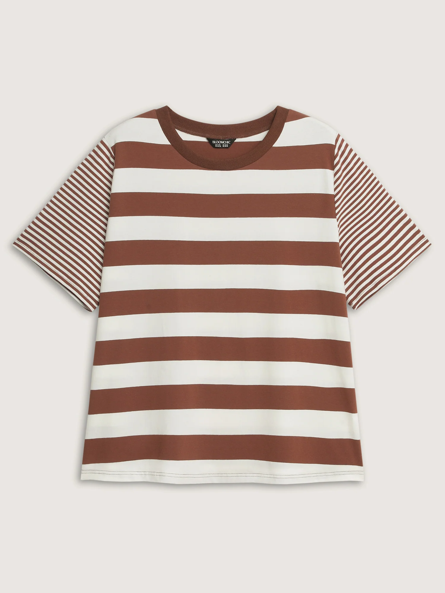 Cotton Striped Print Spliced Round Neck T-Shirt - Image 7