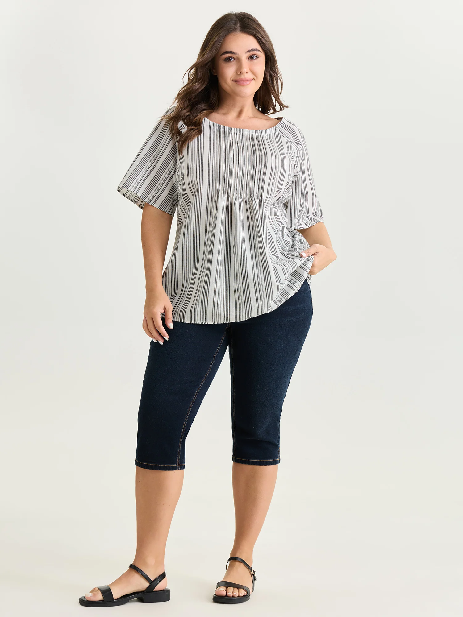 Cotton Striped Print Textured Flared Sleeve Blouse - Image 3