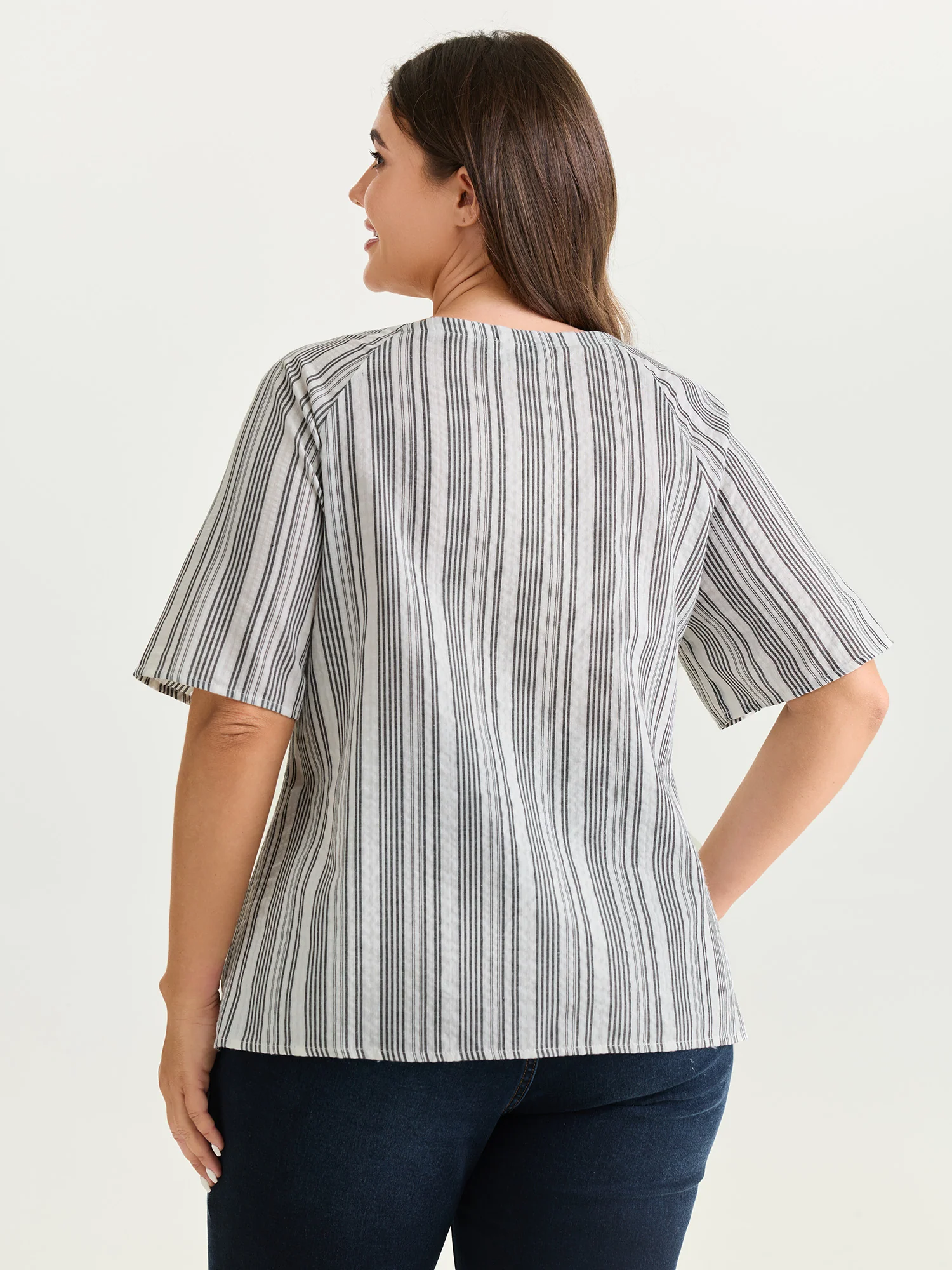 Cotton Striped Print Textured Flared Sleeve Blouse - Image 4