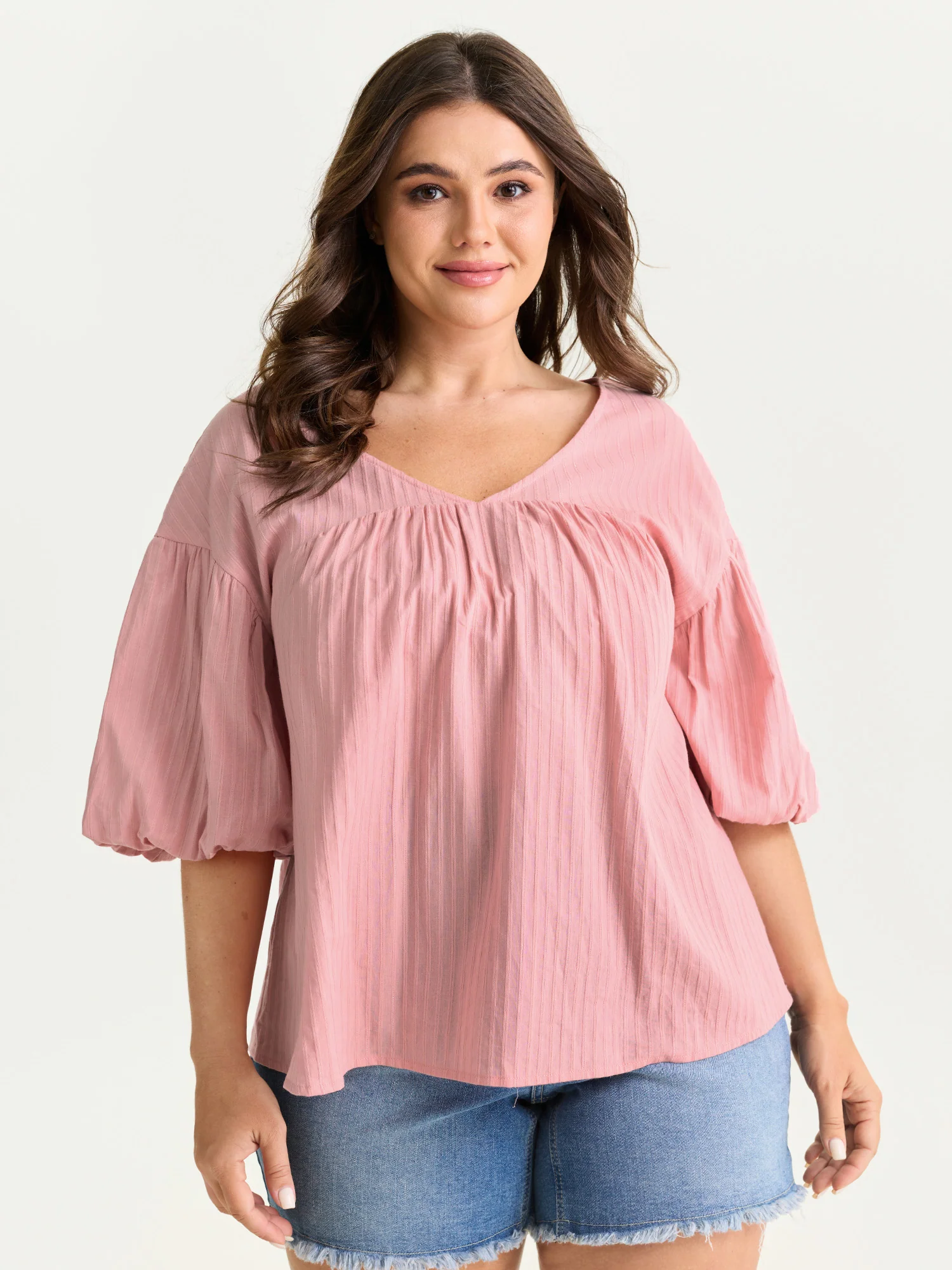 Cotton Striped V-Neck Bubble Sleeve Blouse