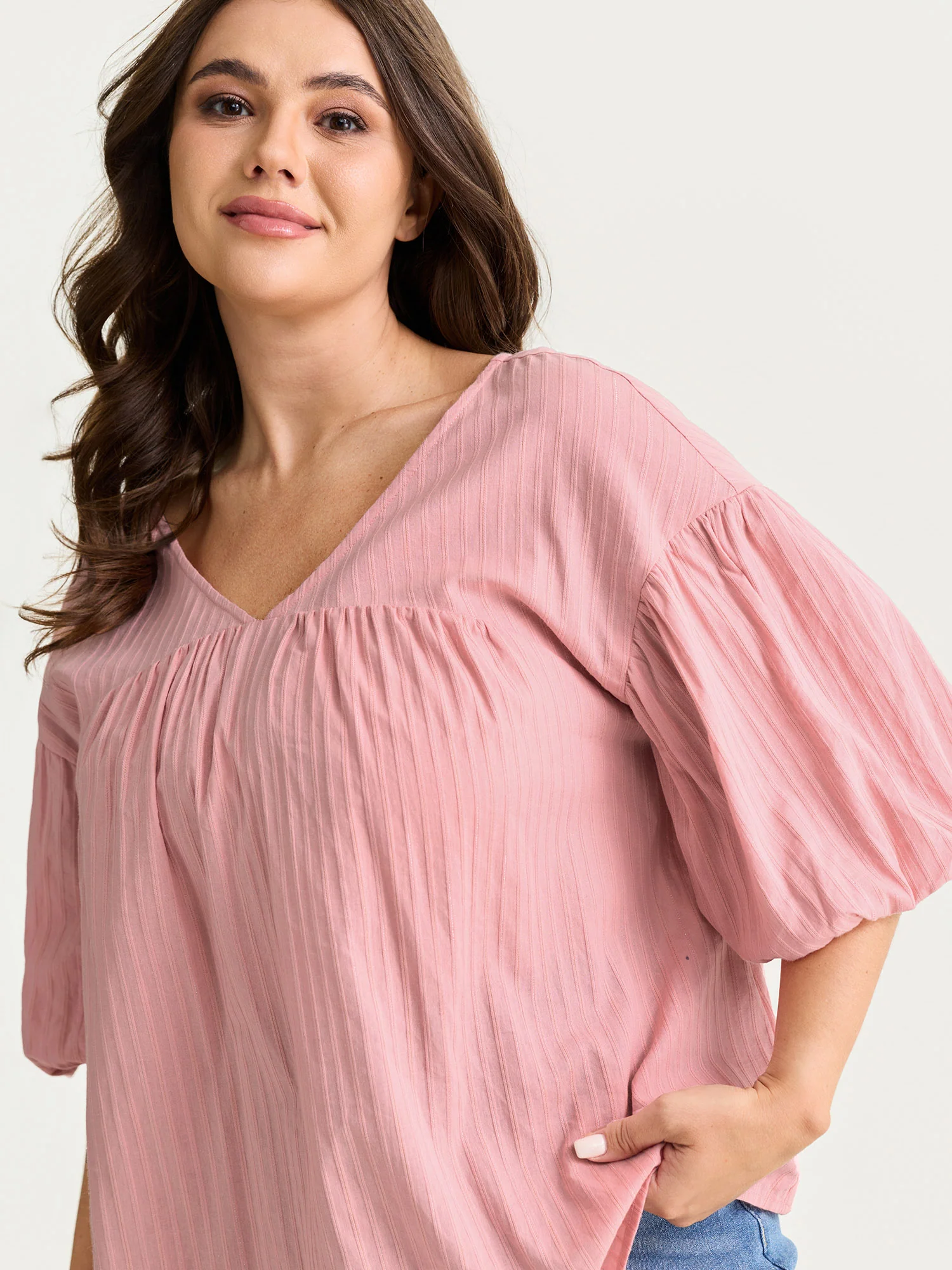 Cotton Striped V-Neck Bubble Sleeve Blouse - Image 2