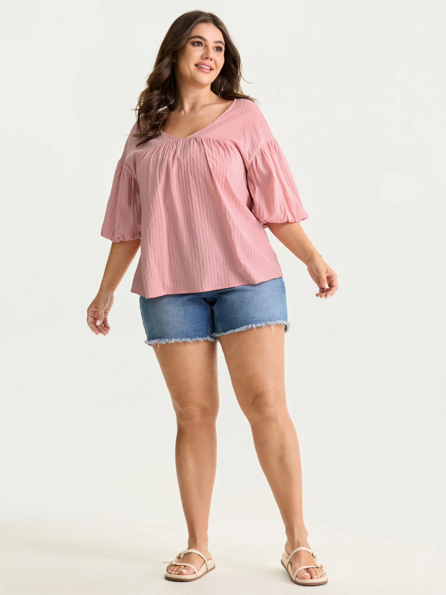 Cotton Striped V-Neck Bubble Sleeve Blouse - Image 3