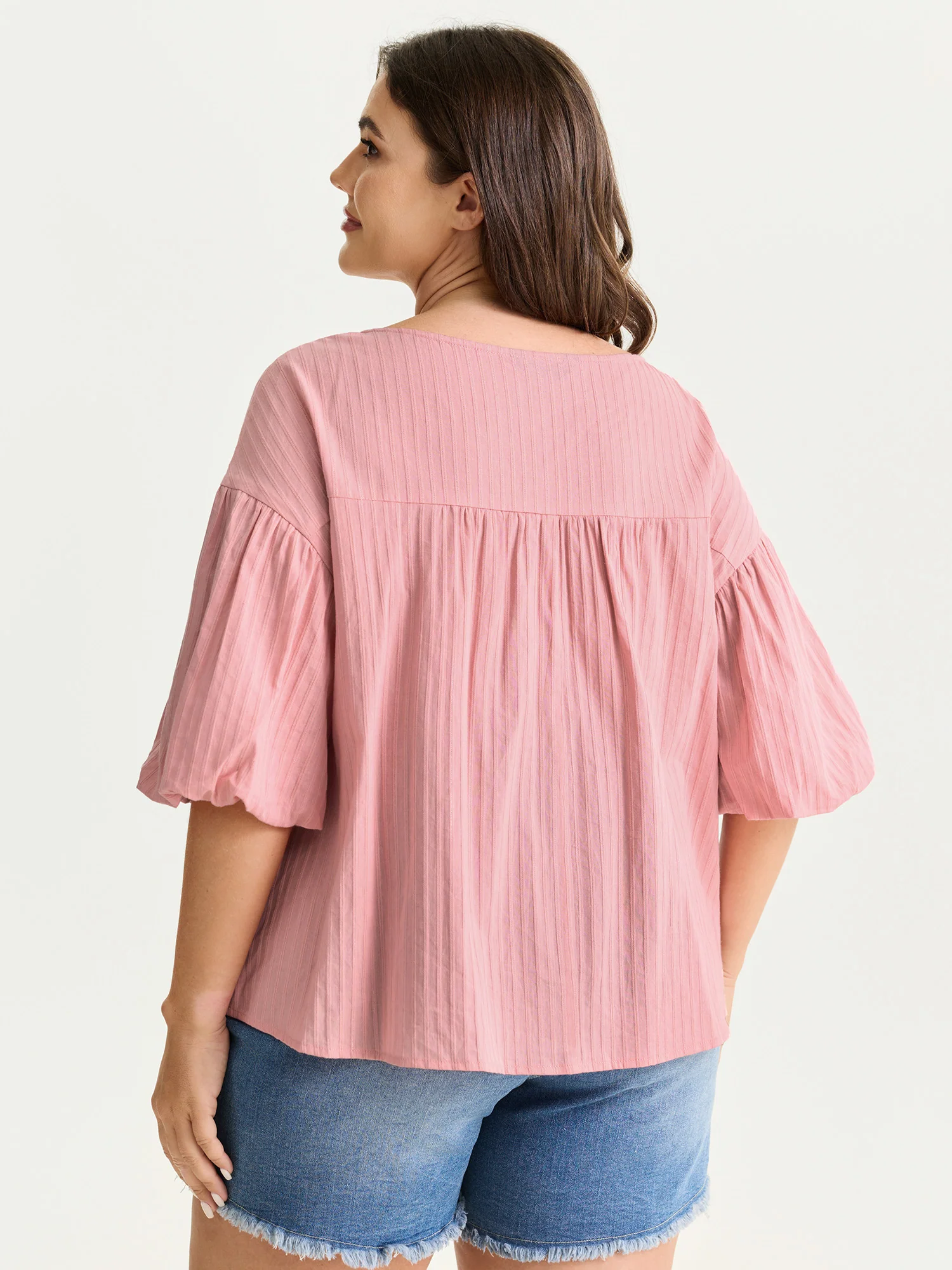 Cotton Striped V-Neck Bubble Sleeve Blouse - Image 4
