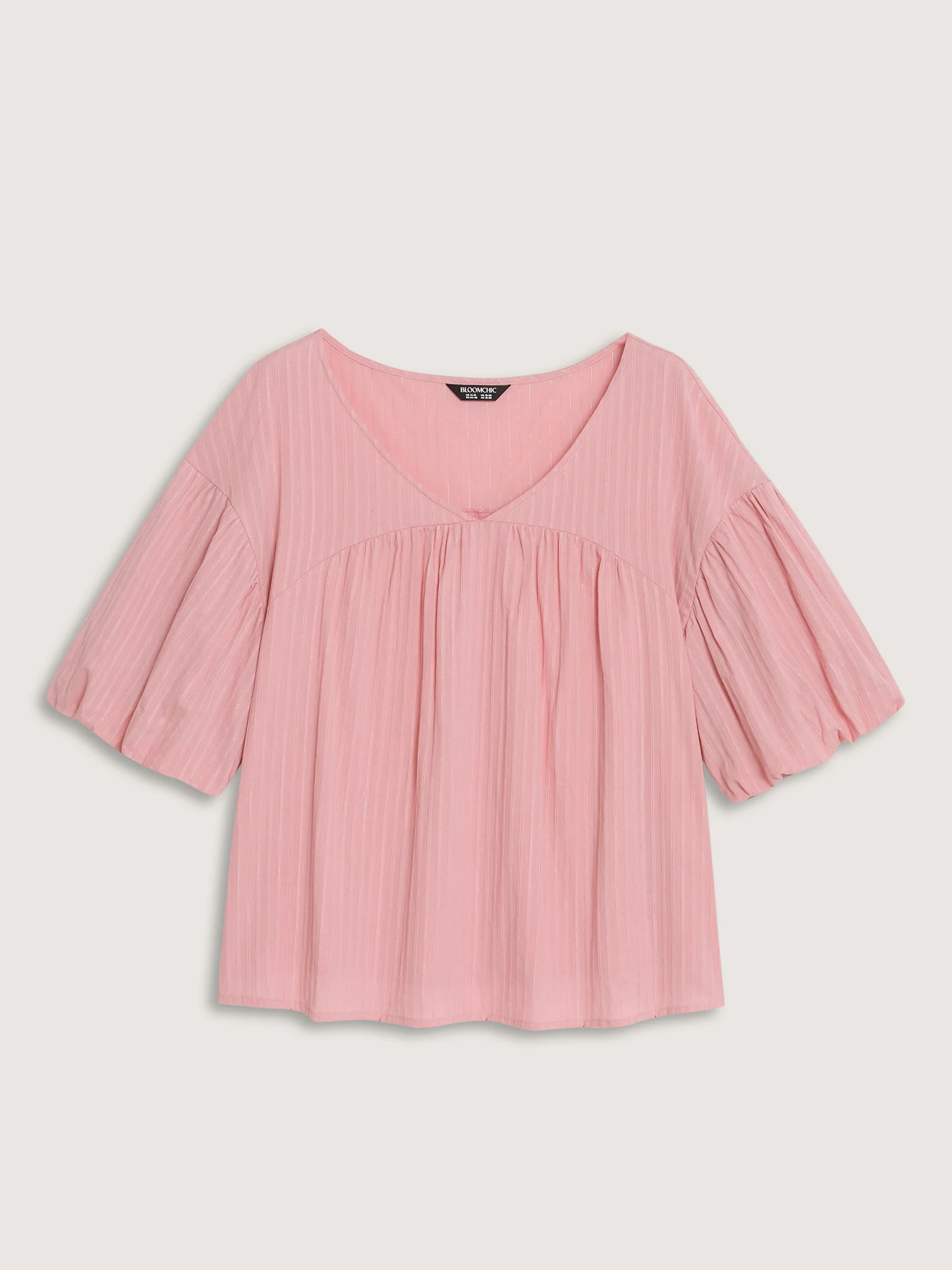 Cotton Striped V-Neck Bubble Sleeve Blouse - Image 7