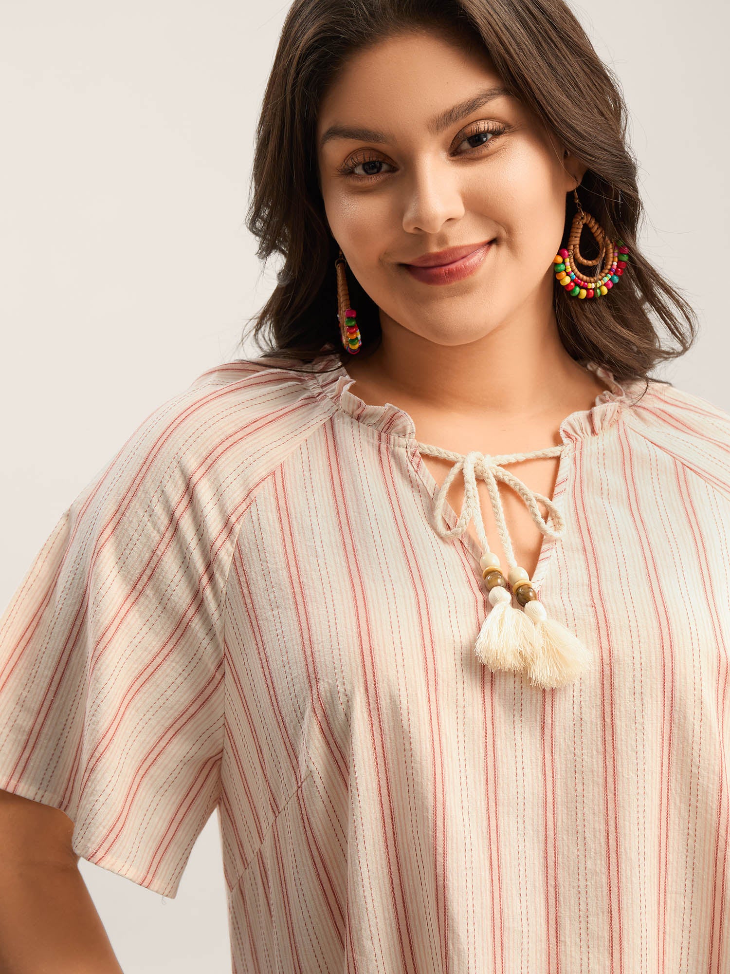 Cotton Stripes Print Neck Tassels Flowy Blouse - Image 2