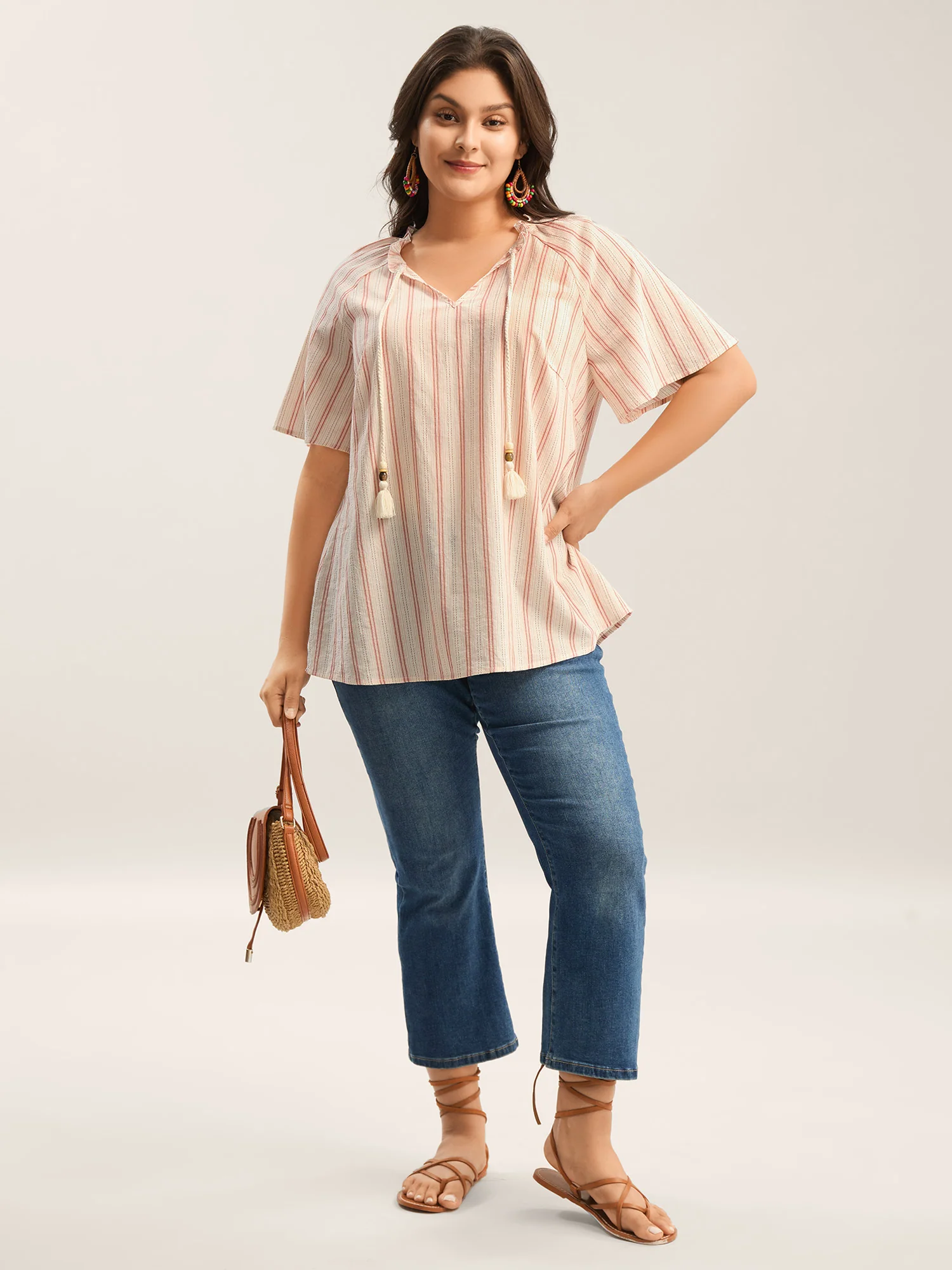 Cotton Stripes Print Neck Tassels Flowy Blouse - Image 3