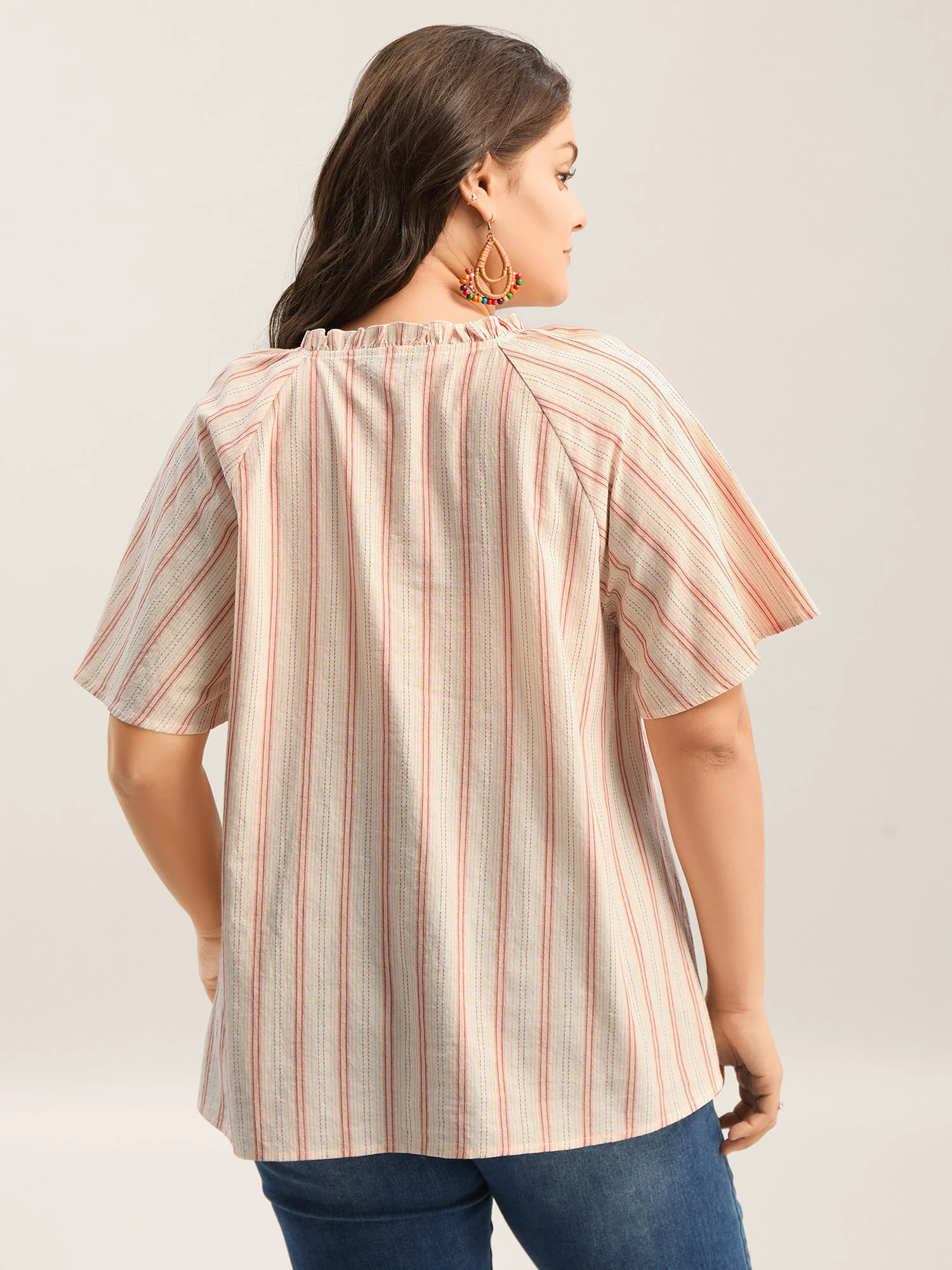 Cotton Stripes Print Neck Tassels Flowy Blouse - Image 4