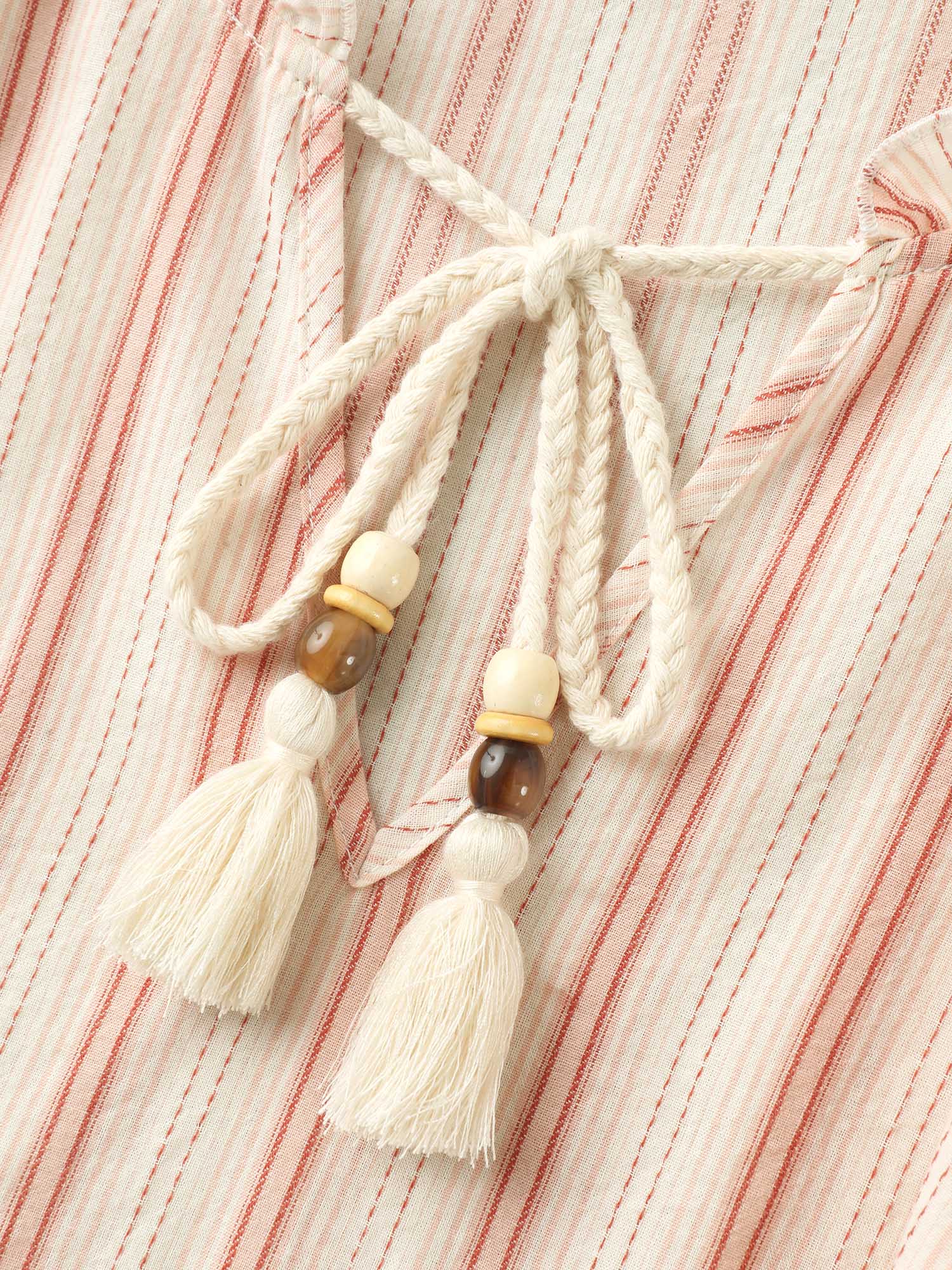 Cotton Stripes Print Neck Tassels Flowy Blouse - Image 5