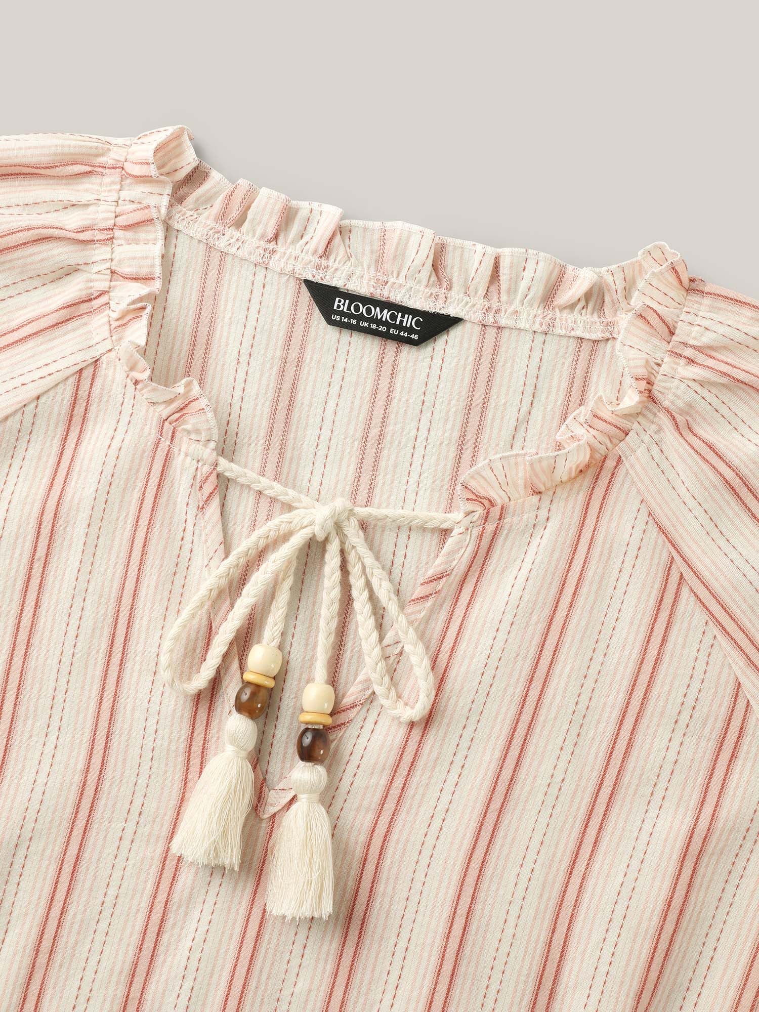 Cotton Stripes Print Neck Tassels Flowy Blouse - Image 6