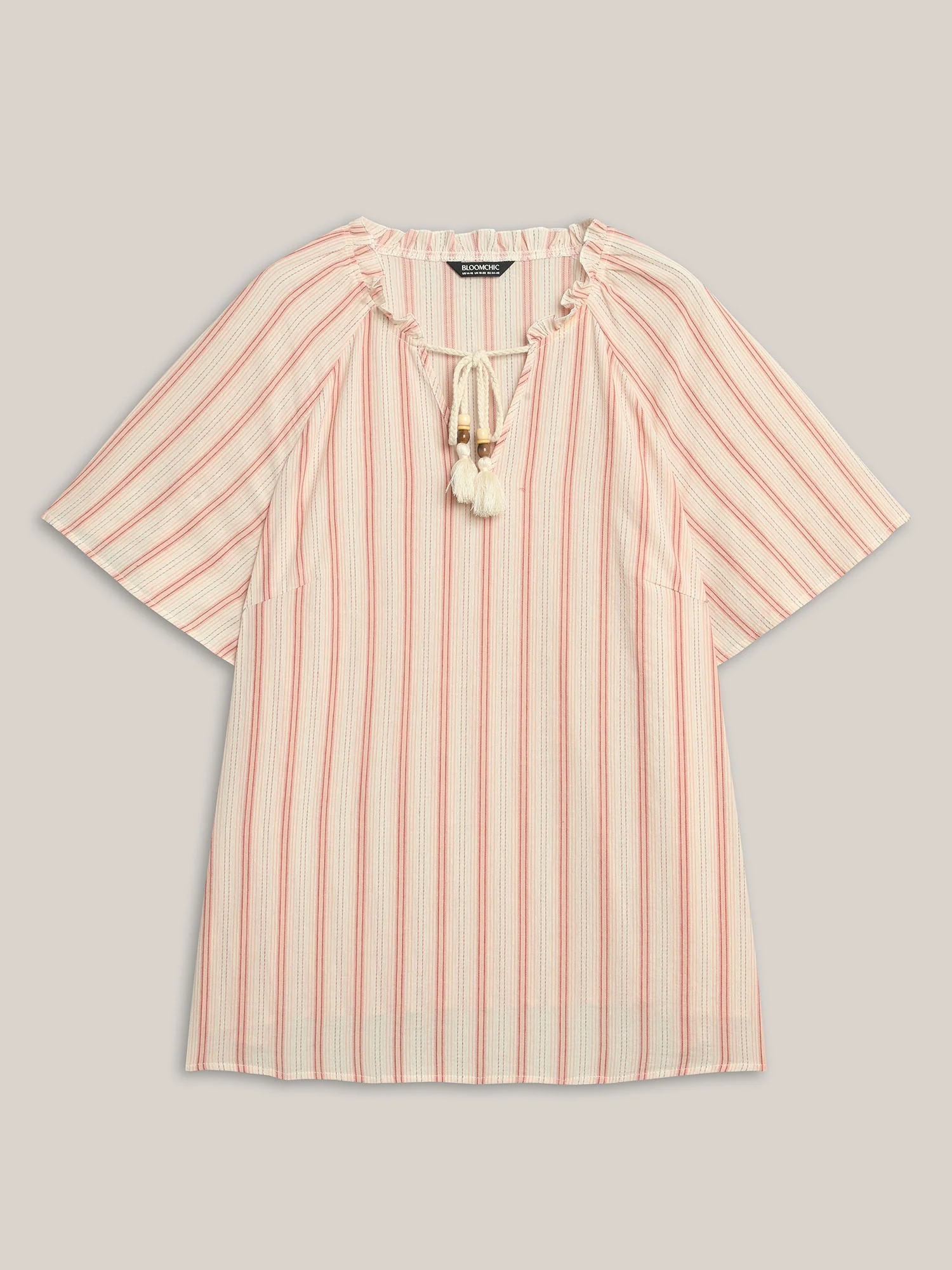 Cotton Stripes Print Neck Tassels Flowy Blouse - Image 7